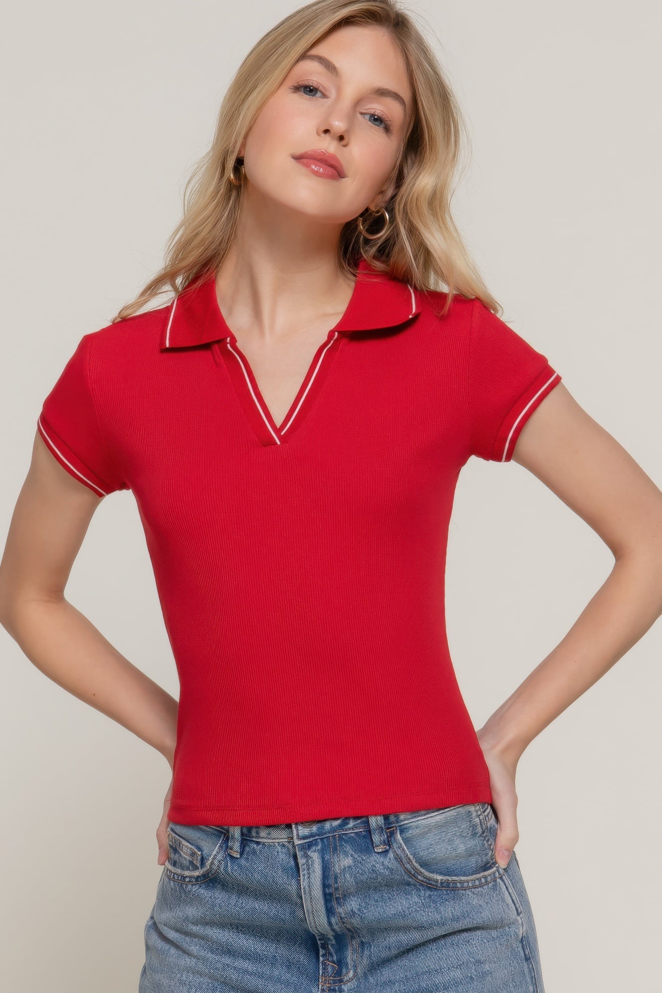 Short Slv Line Detail Polo Rib Knit Top  Shop One Place