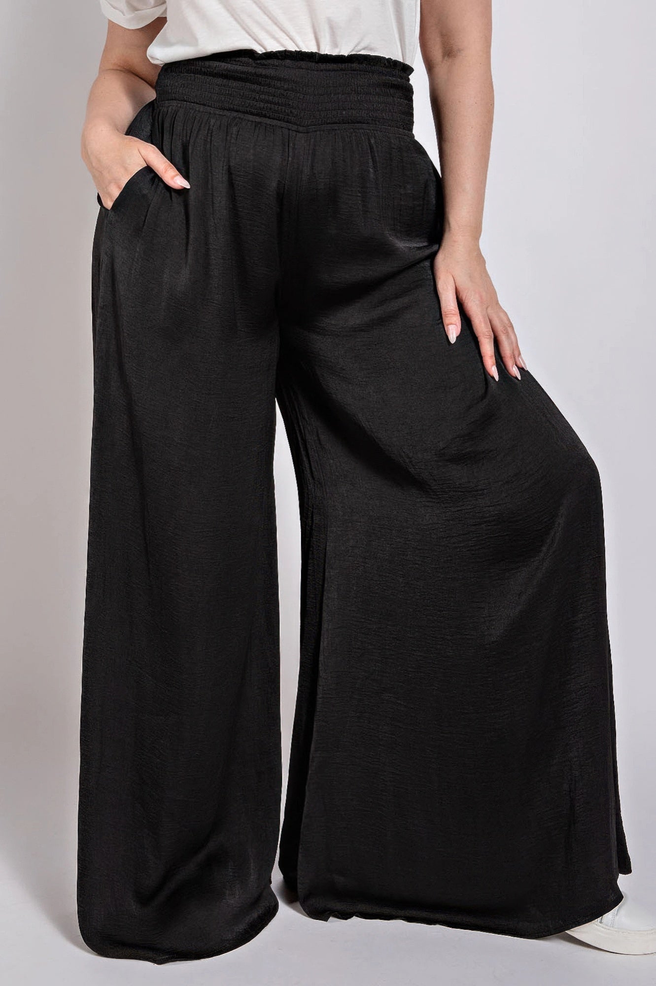 Washed Satin Wide Pants With Waist Smocked  Shop One Place