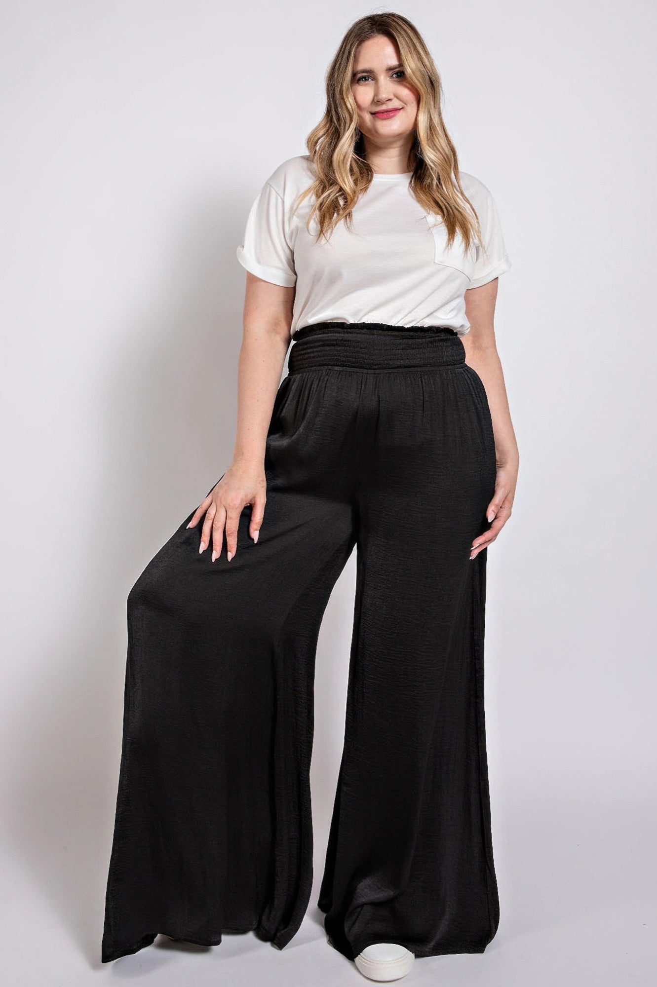 Washed Satin Wide Pants With Waist Smocked  Shop One Place
