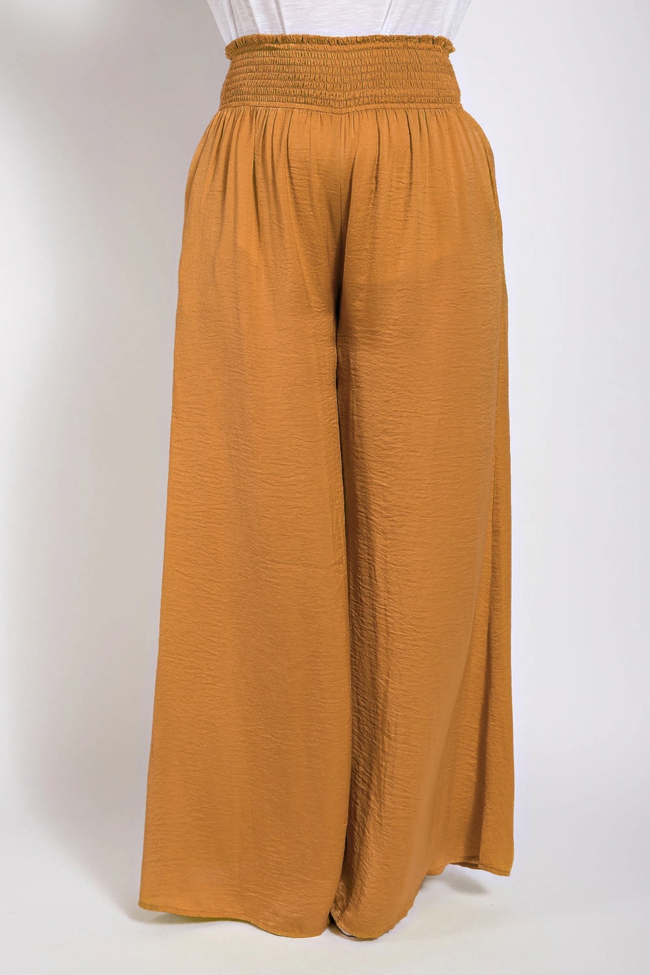 Washed Satin Wide Pants With Waist Smocked  Shop One Place