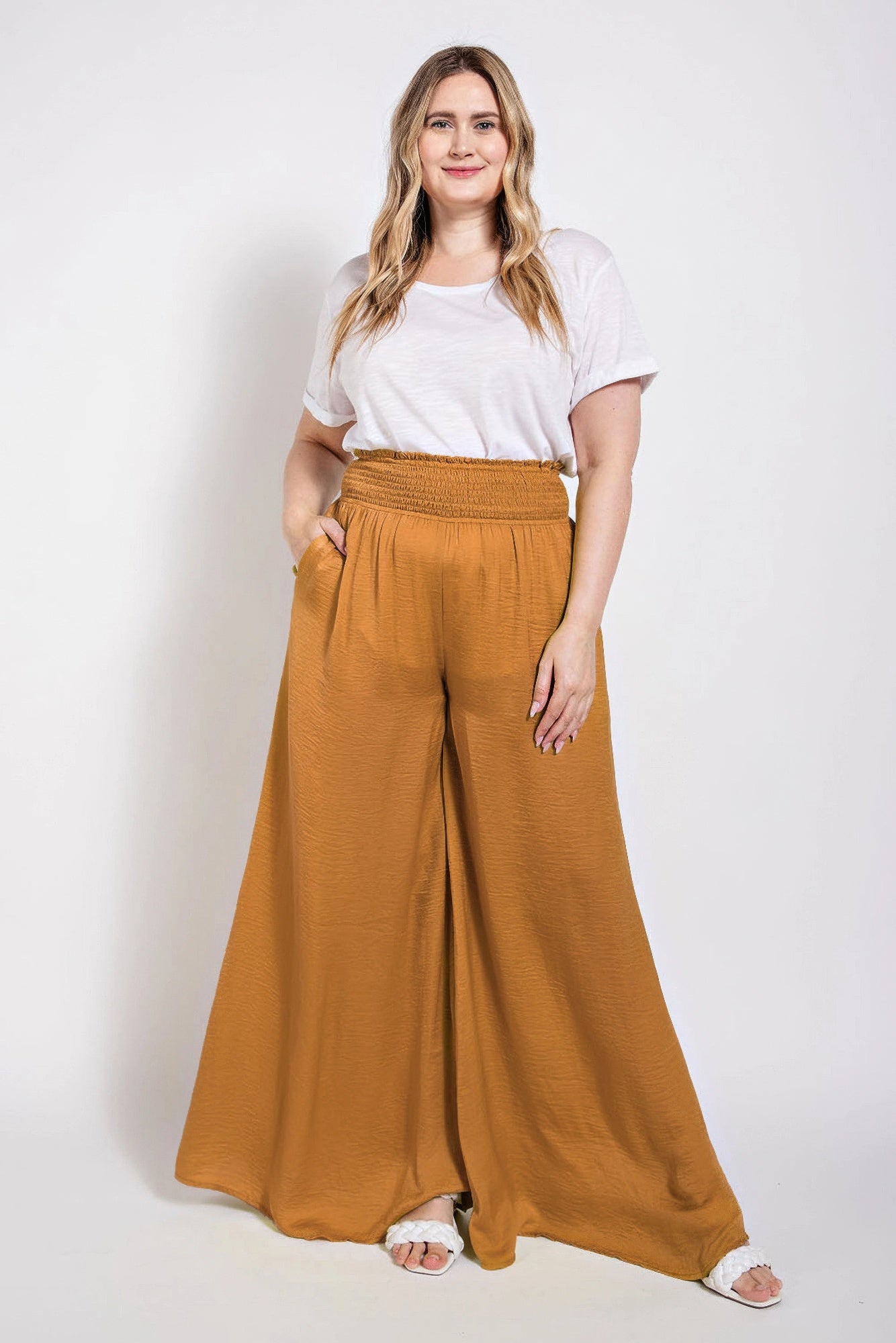 Washed Satin Wide Pants With Waist Smocked  Shop One Place