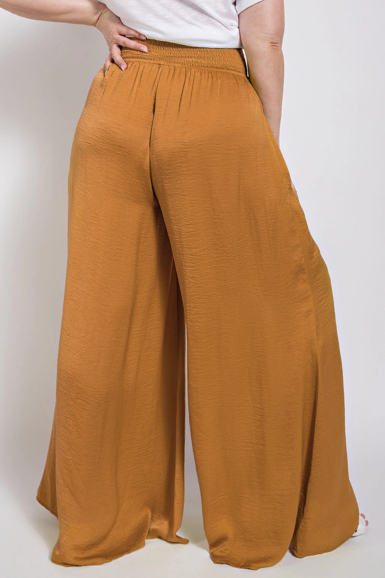 Washed Satin Wide Pants With Waist Smocked  Shop One Place