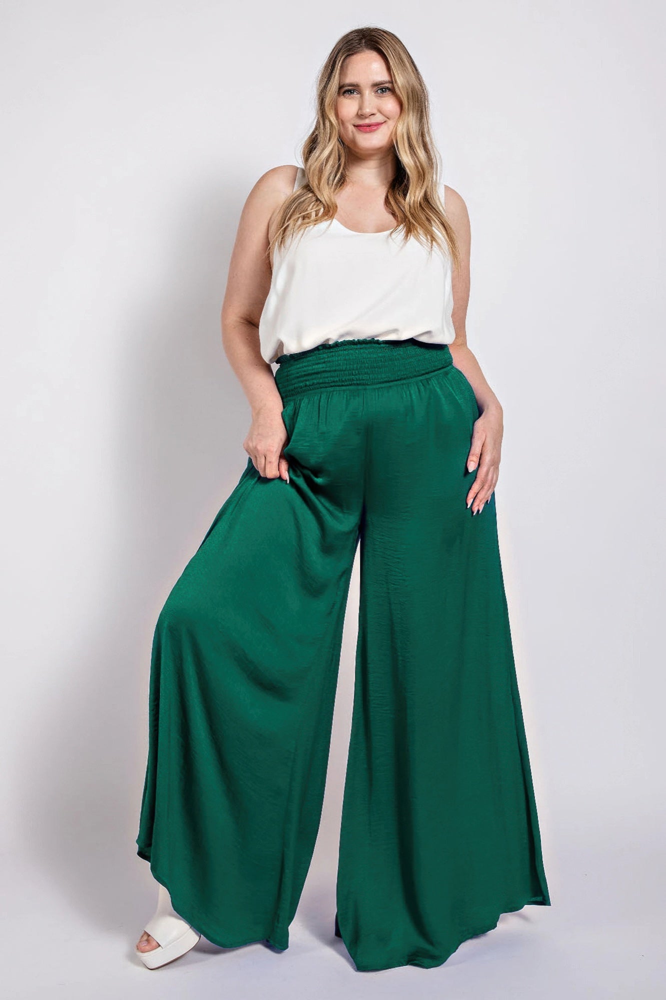 Washed Satin Wide Pants With Waist Smocked  Shop One Place