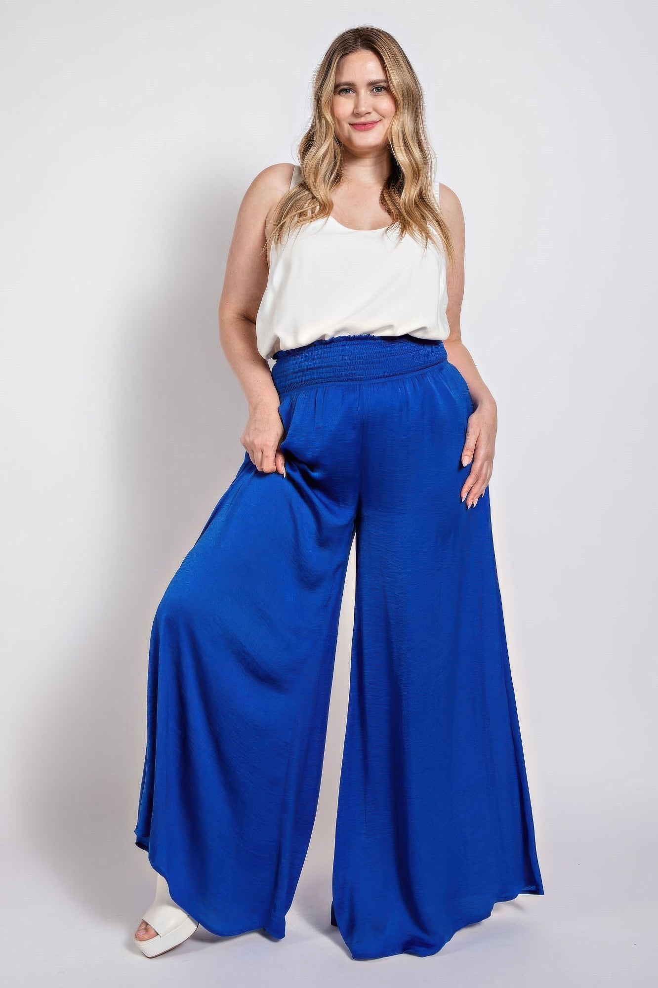 Washed Satin Wide Pants With Waist Smocked  Shop One Place