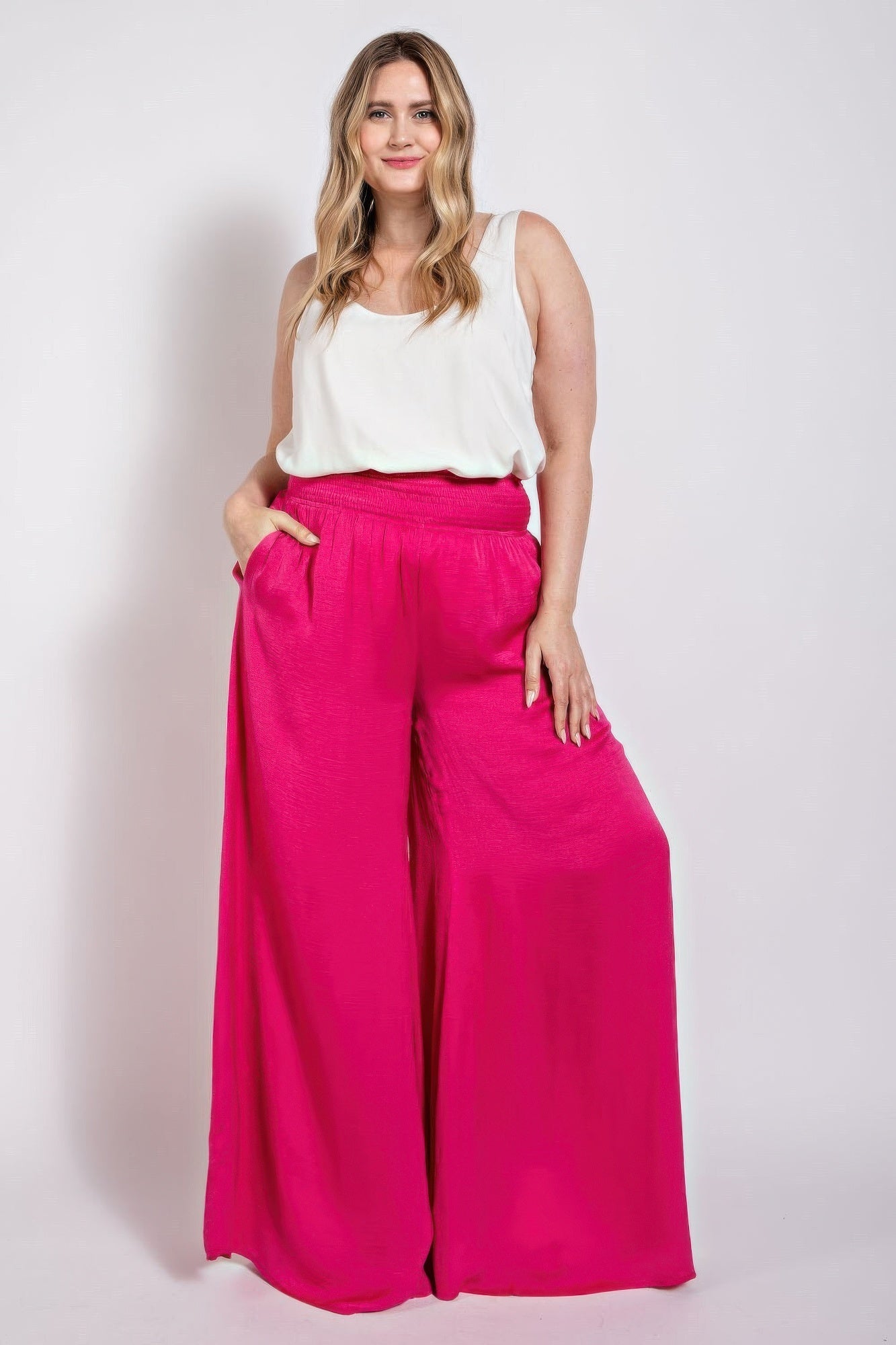 Washed Satin Wide Pants With Waist Smocked  Shop One Place