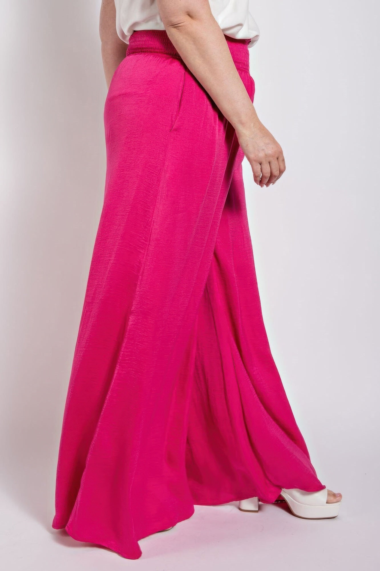Washed Satin Wide Pants With Waist Smocked  Shop One Place