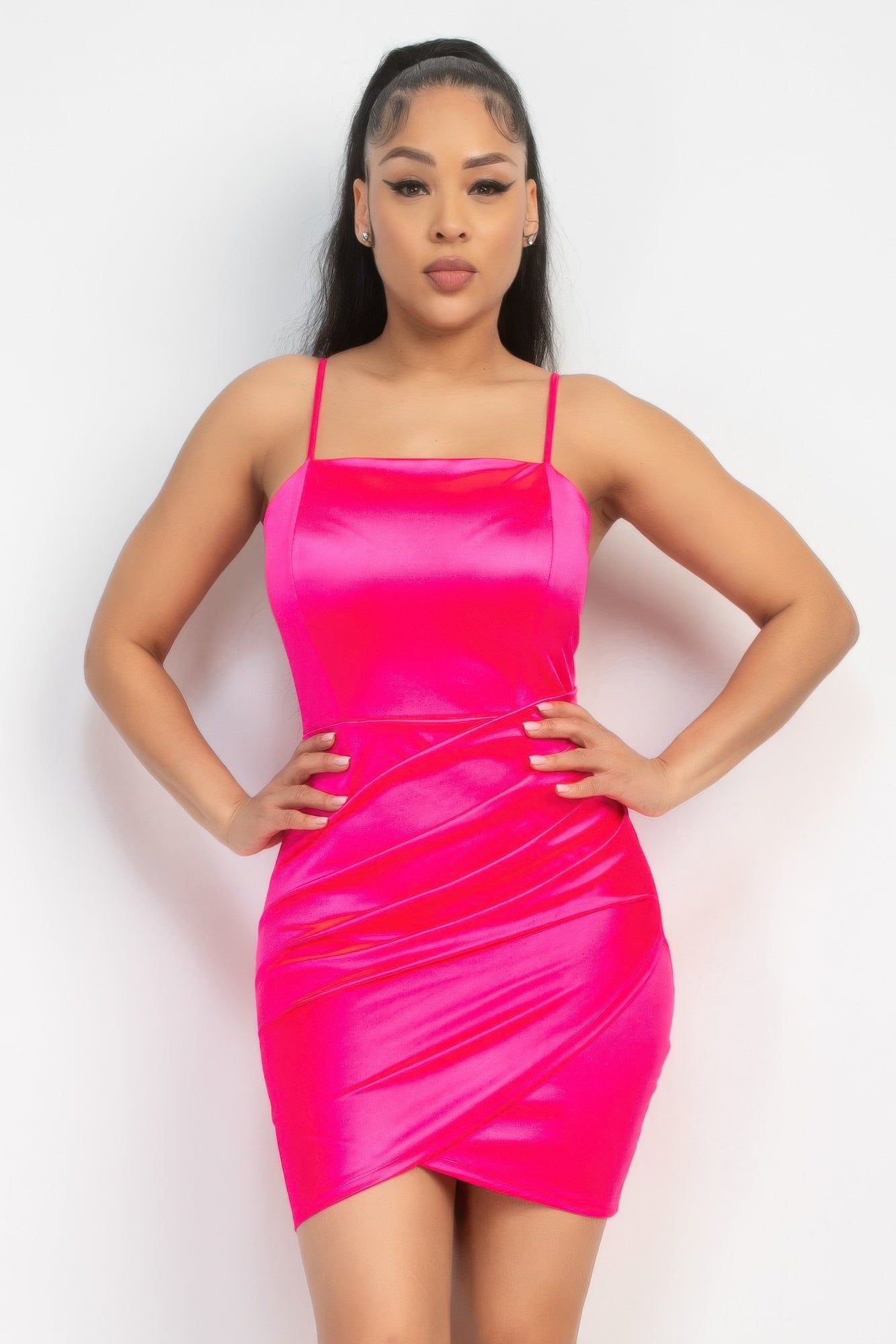 Overlapping Hem Shirred Satin Dress  Shop One Place