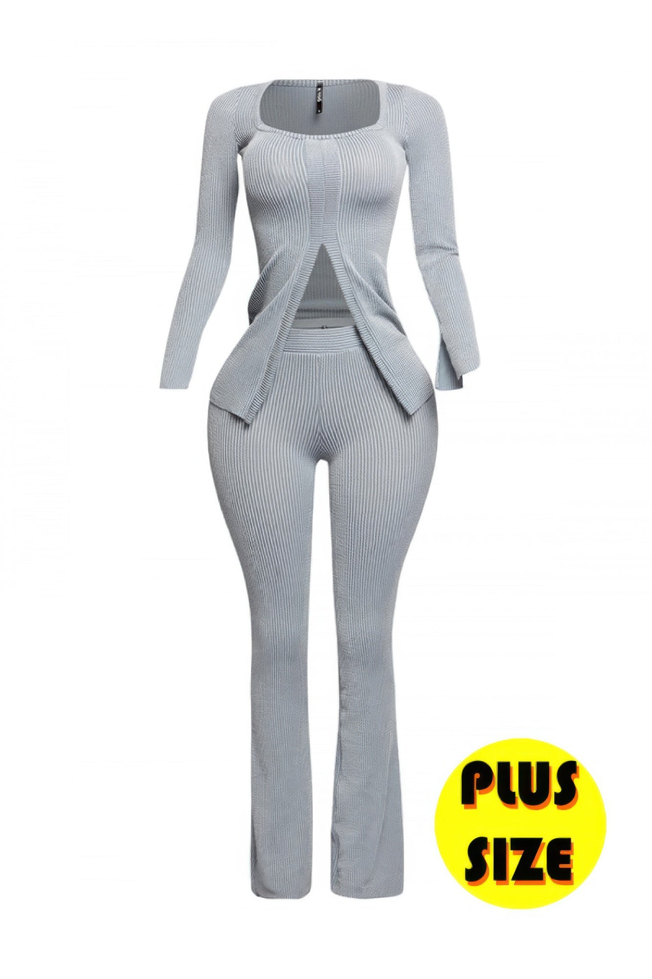 Plus Size Ribbed Pant Set With Slit Detail  Shop One Place