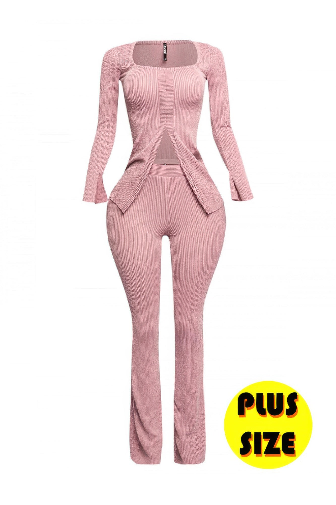 Plus Size Ribbed Pant Set With Slit Detail  Shop One Place
