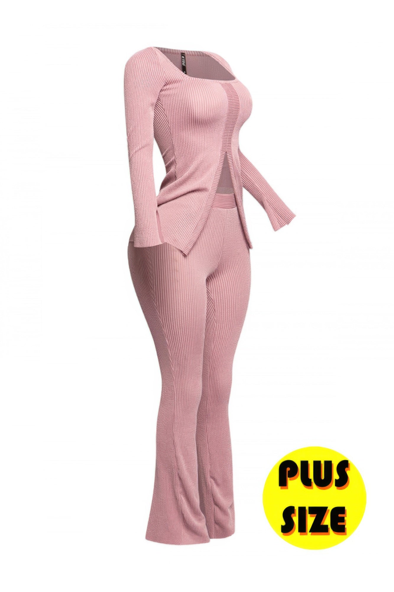 Plus Size Ribbed Pant Set With Slit Detail  Shop One Place