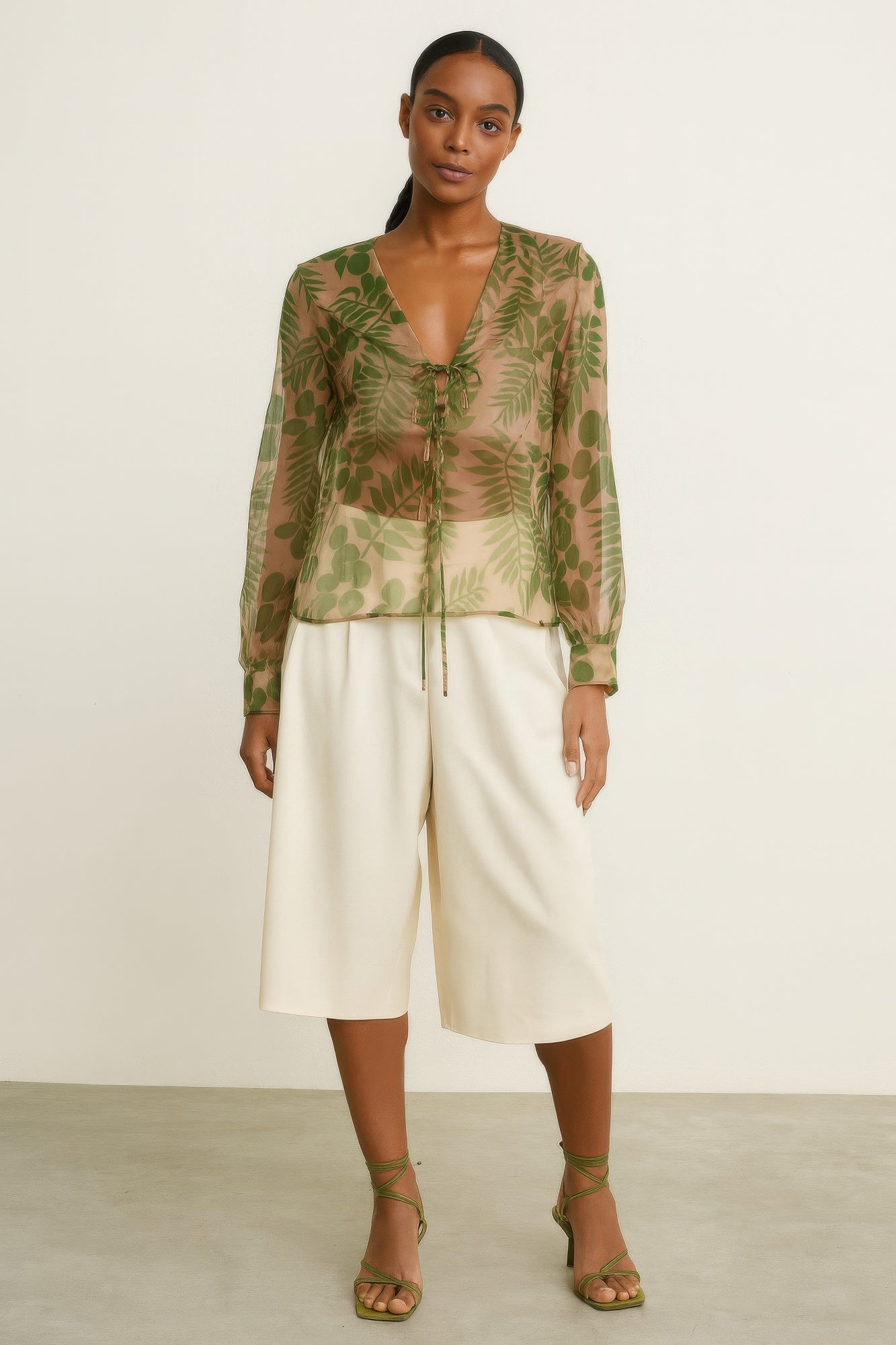 Leaf Printed Sheer Blouse  Shop One Place