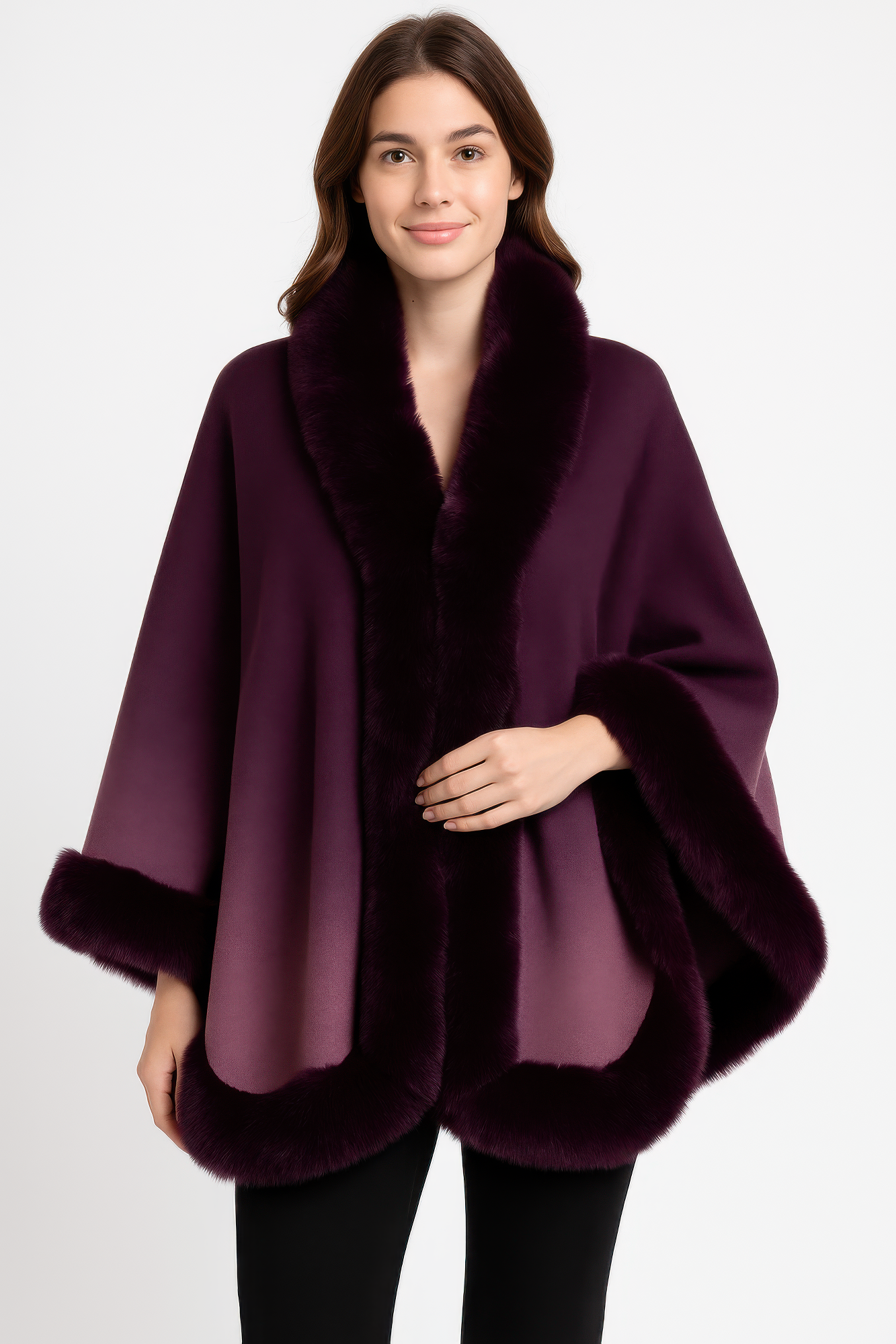 Ombre Faux Fur Trim Cape Wrap  Shop One Place
