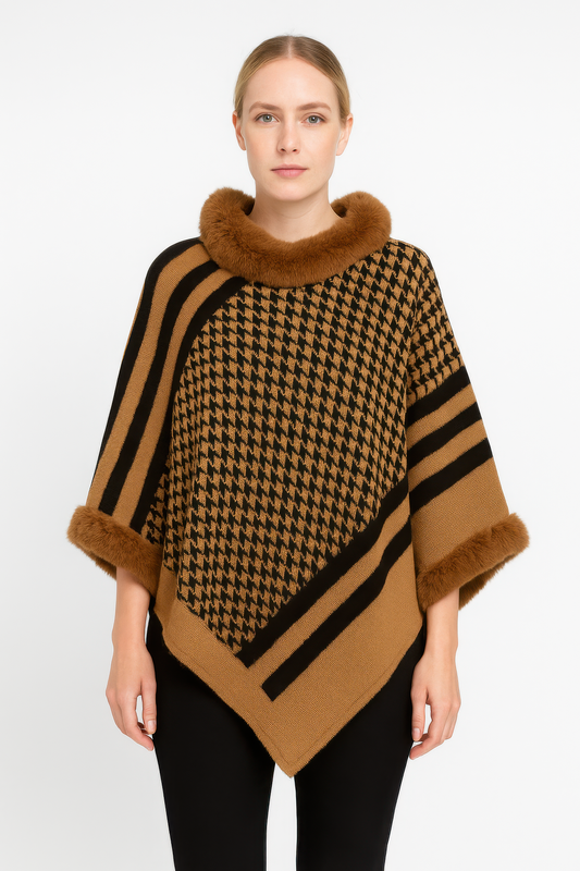 Patterned Knit Poncho With Faux Fur Trim  Shop One Place