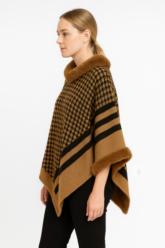 Patterned Knit Poncho With Faux Fur Trim  Shop One Place