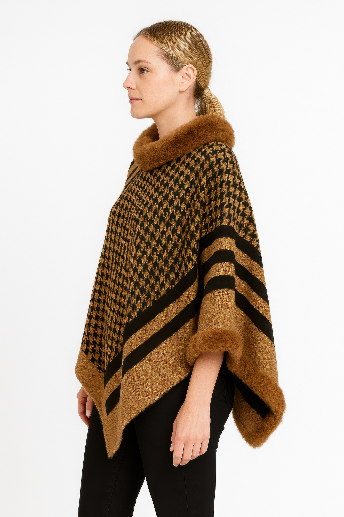 Patterned Knit Poncho With Faux Fur Trim  Shop One Place