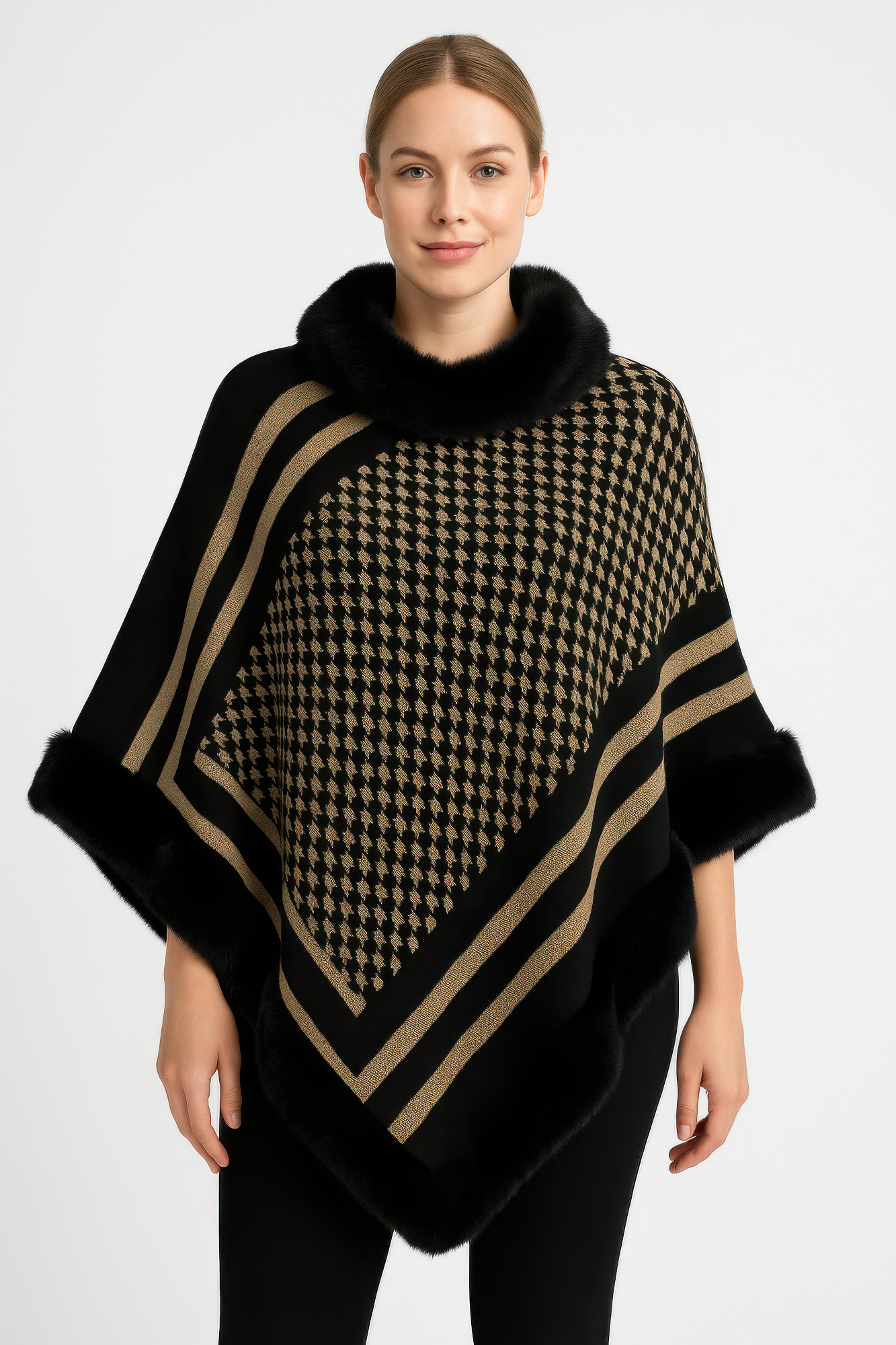 Patterned Knit Poncho With Faux Fur Trim  Shop One Place