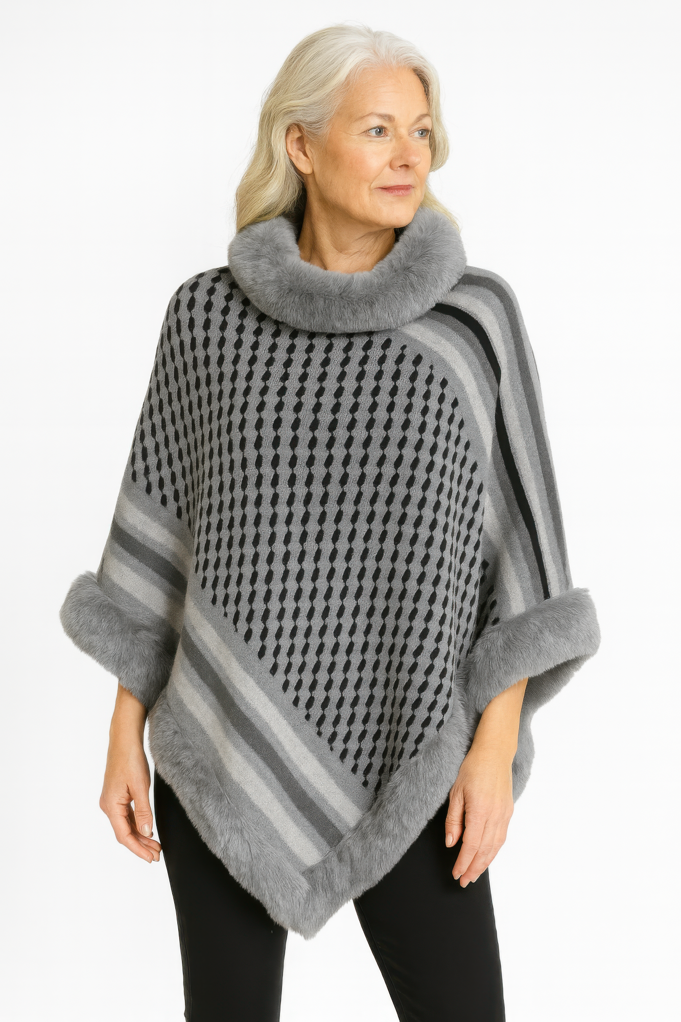 Patterned Knit Poncho With Faux Fur Trim  Shop One Place