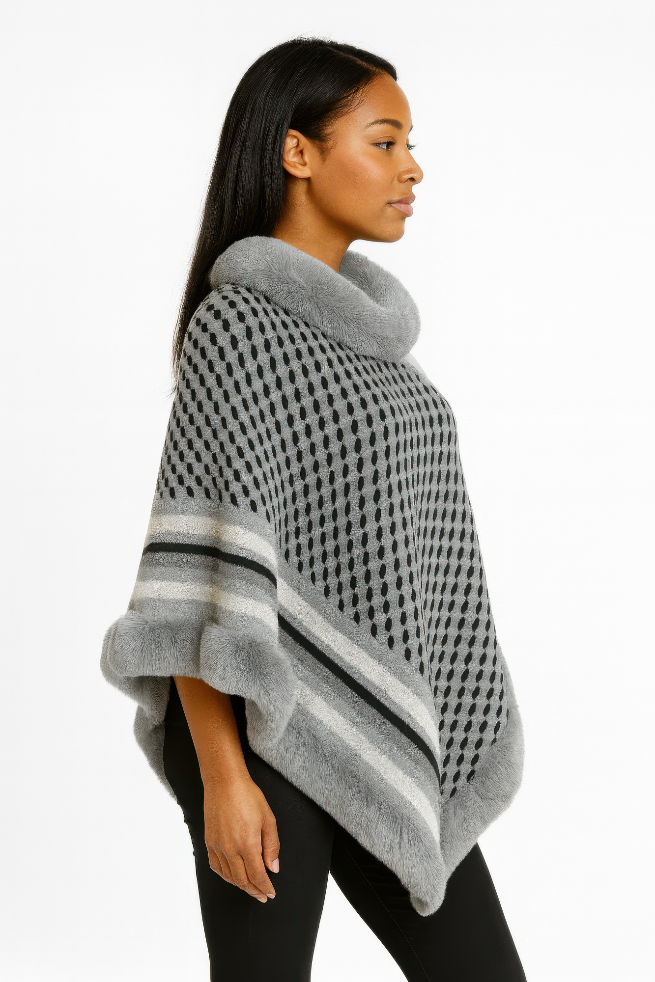 Patterned Knit Poncho With Faux Fur Trim  Shop One Place