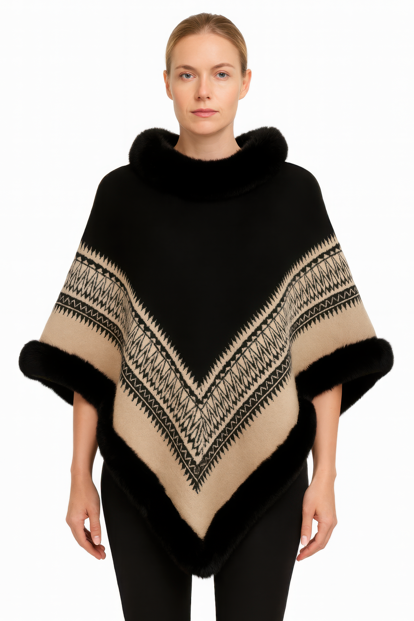 Chevron Trim Poncho With Faux Fur Collar  Shop One Place
