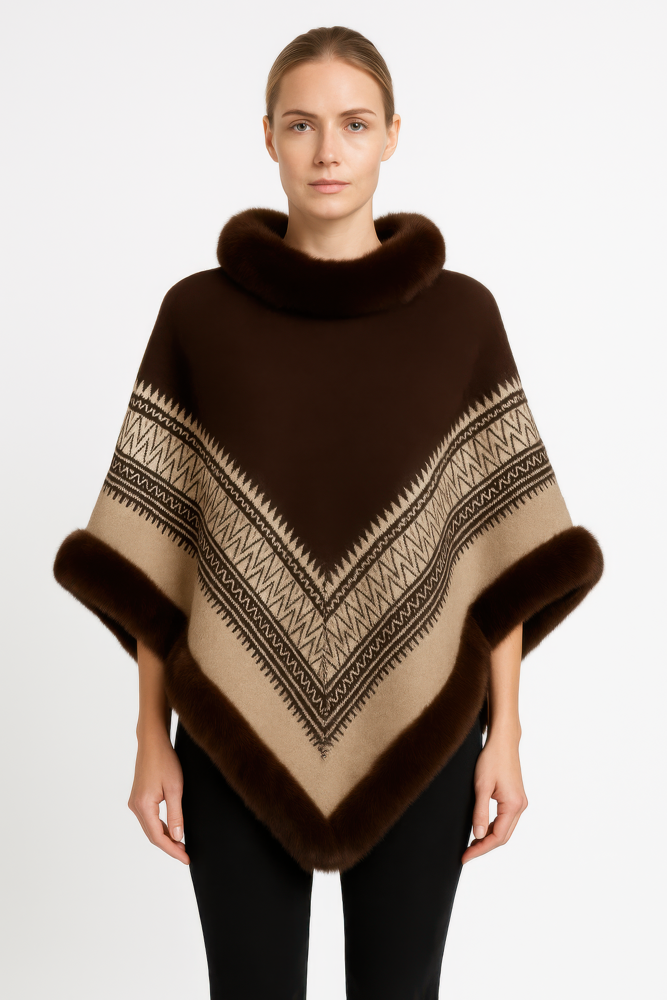 Chevron Trim Poncho With Faux Fur Collar  Shop One Place