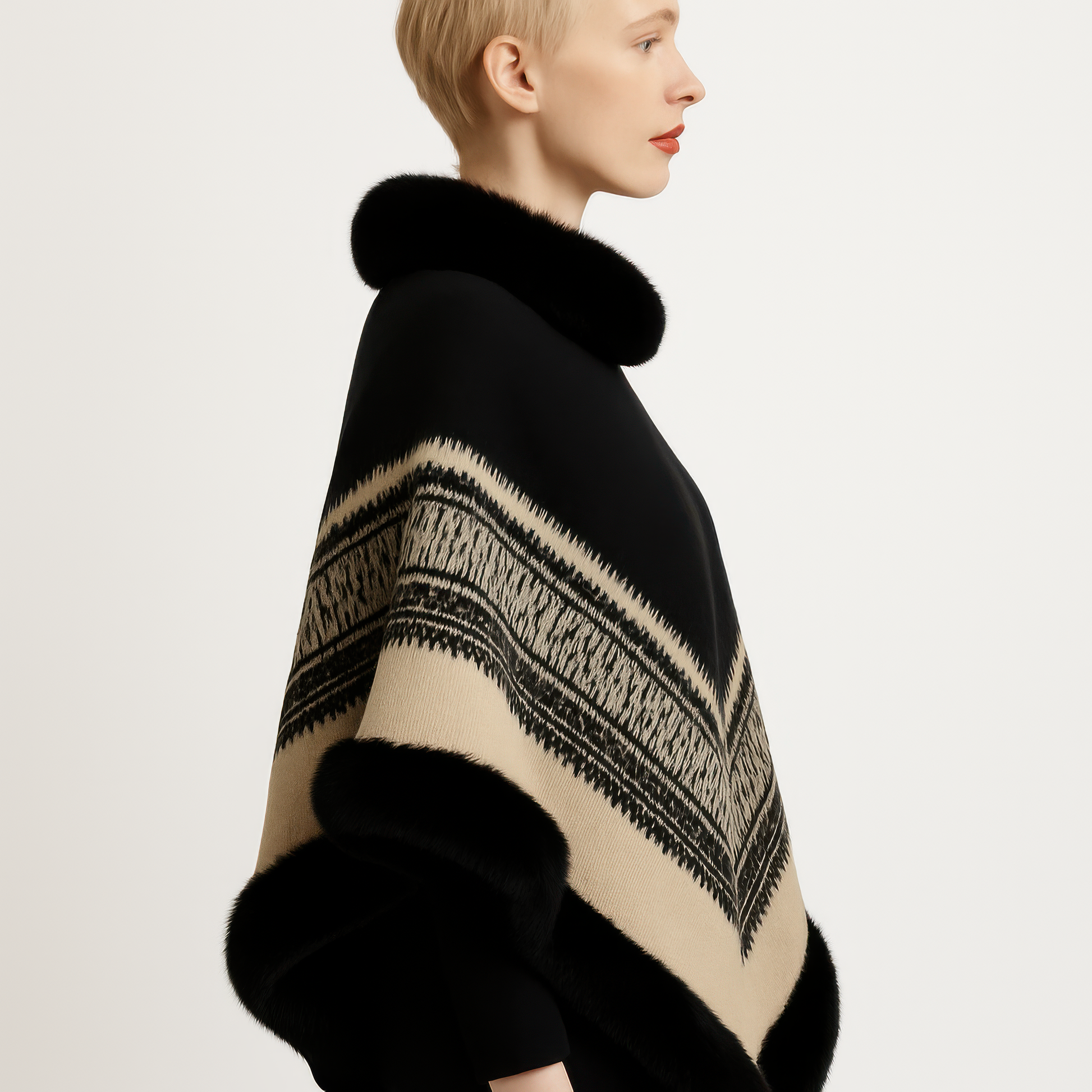 Chevron Trim Poncho With Faux Fur Collar  Shop One Place