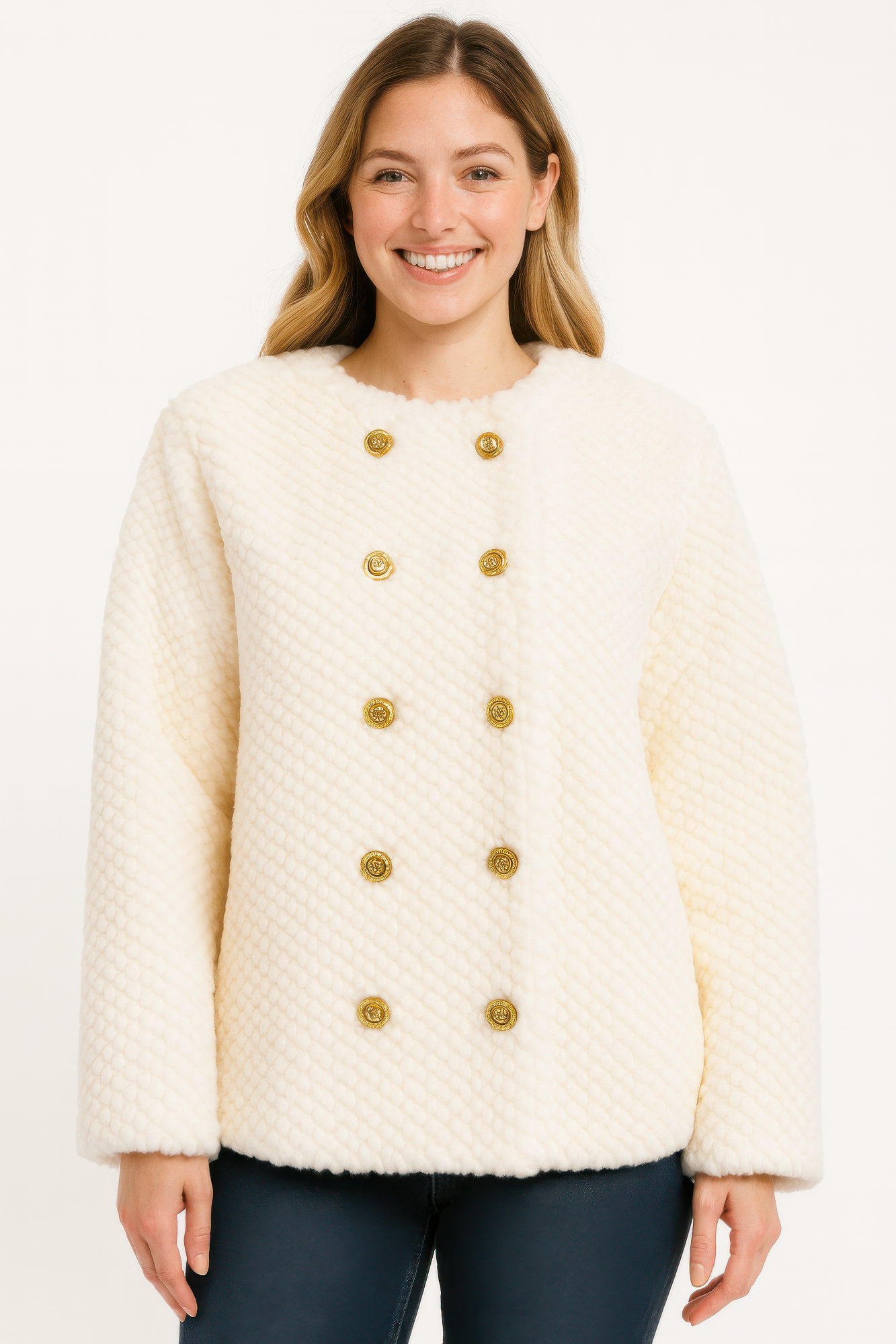 Textured Double-breasted Faux Shearling Jacket  Shop One Place