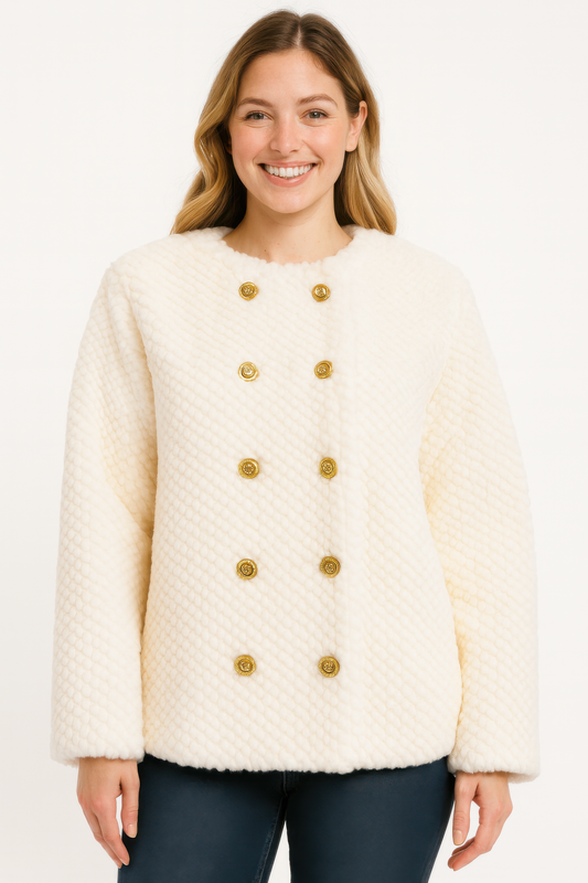 Textured Double-breasted Faux Shearling Jacket  Shop One Place