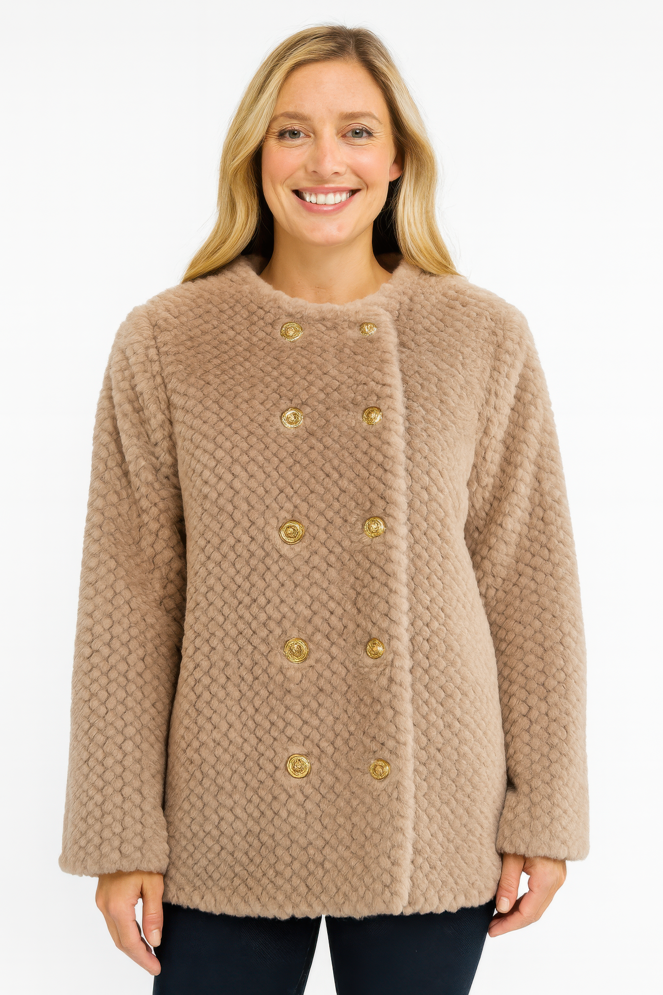 Textured Double-breasted Faux Shearling Jacket  Shop One Place