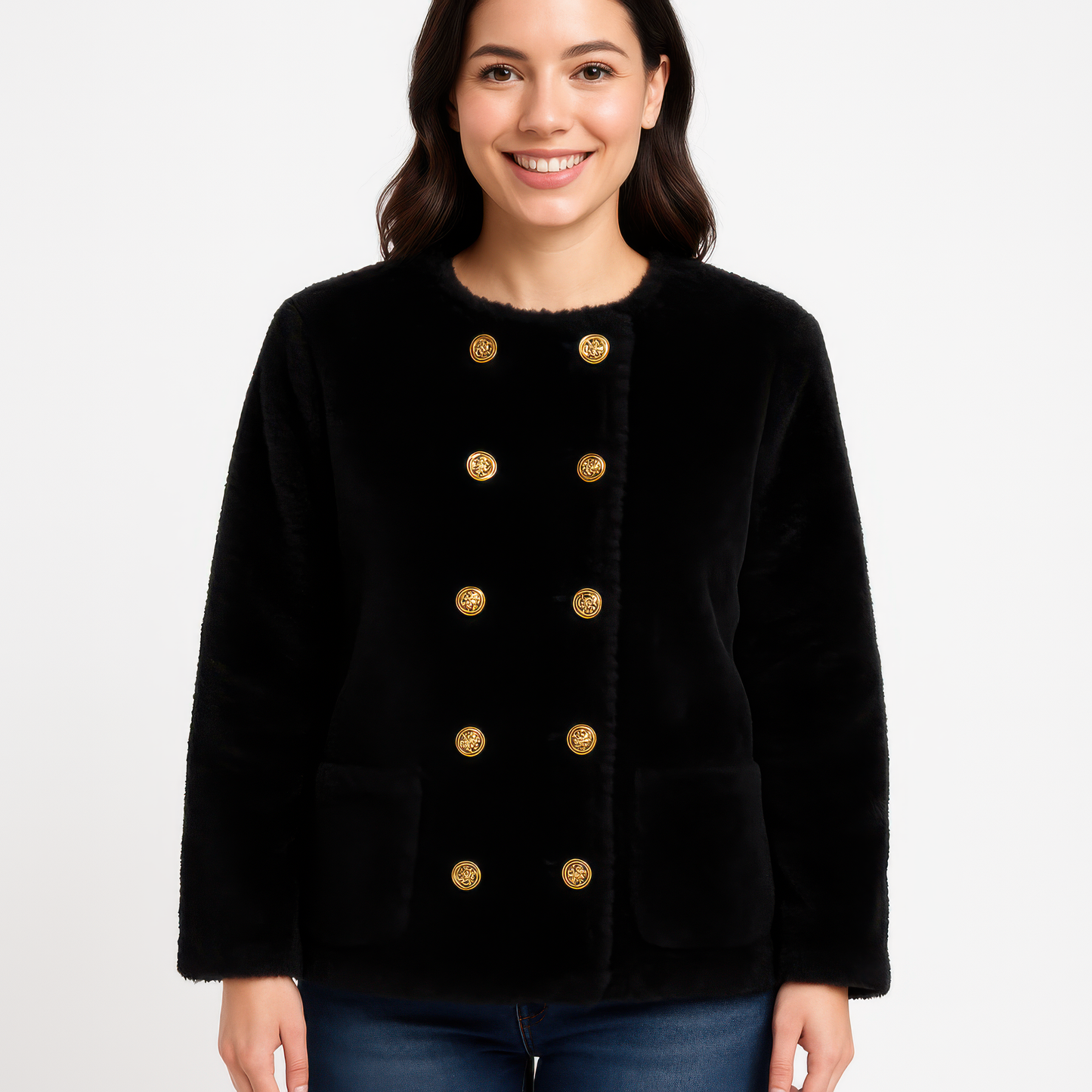 Textured Double-breasted Faux Shearling Jacket  Shop One Place