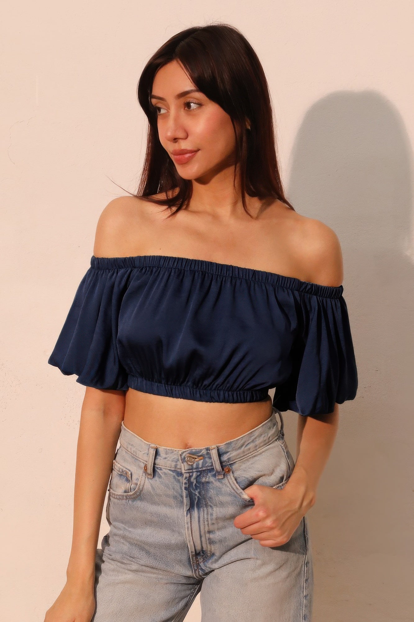 Washed Poly Silk Bubble Sleeve Crop Top  Shop One Place