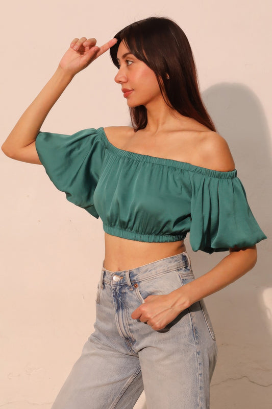 Washed Poly Silk Bubble Sleeve Crop Top  Shop One Place