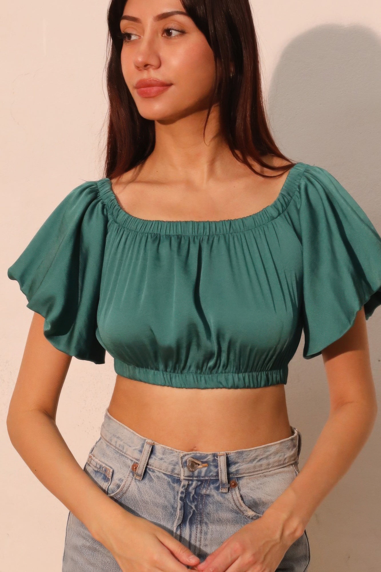 Washed Poly Silk Bubble Sleeve Crop Top  Shop One Place
