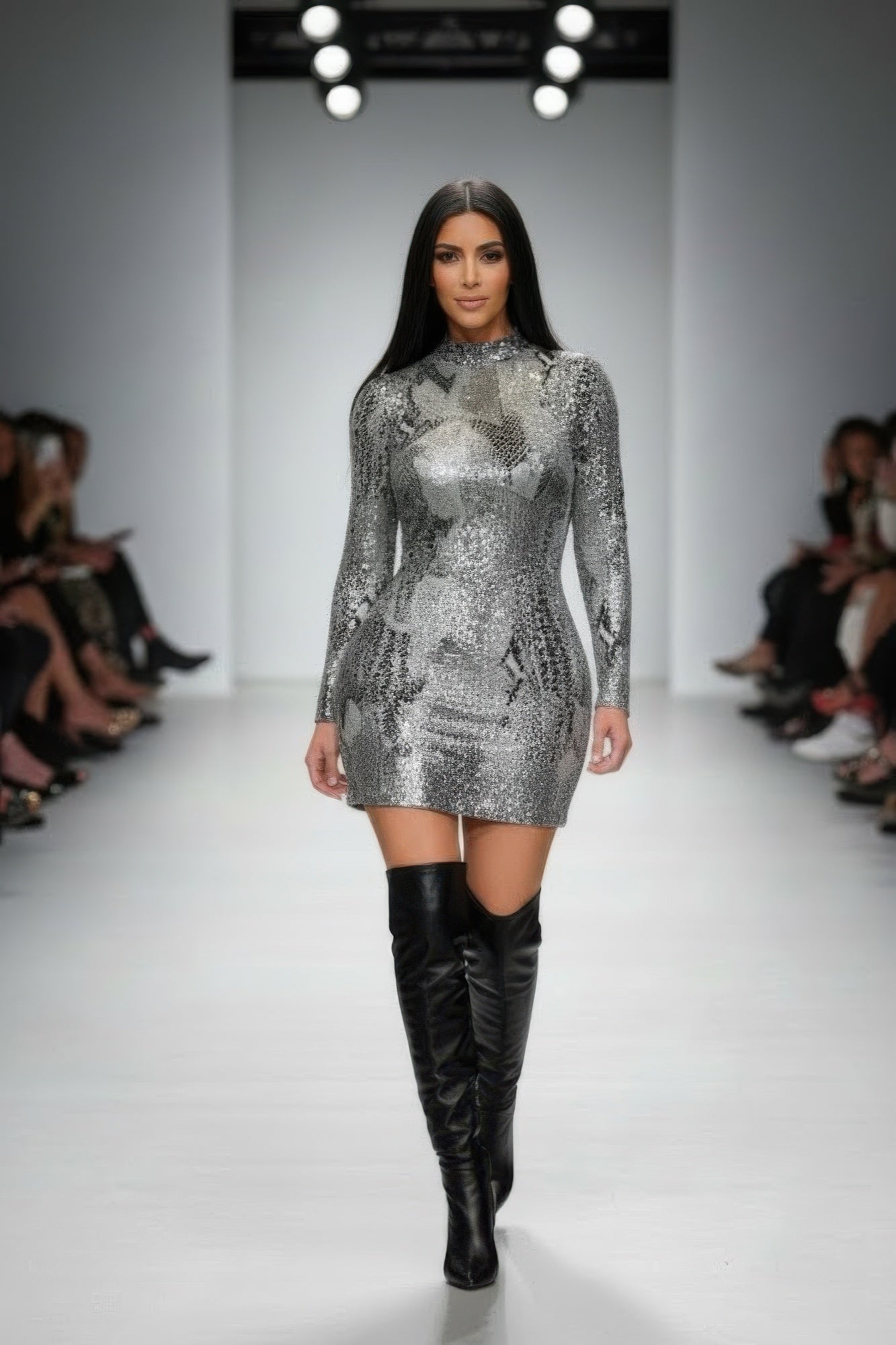 Long Sleeve Body Con Pu Silver Snake Mini  Shop One Place