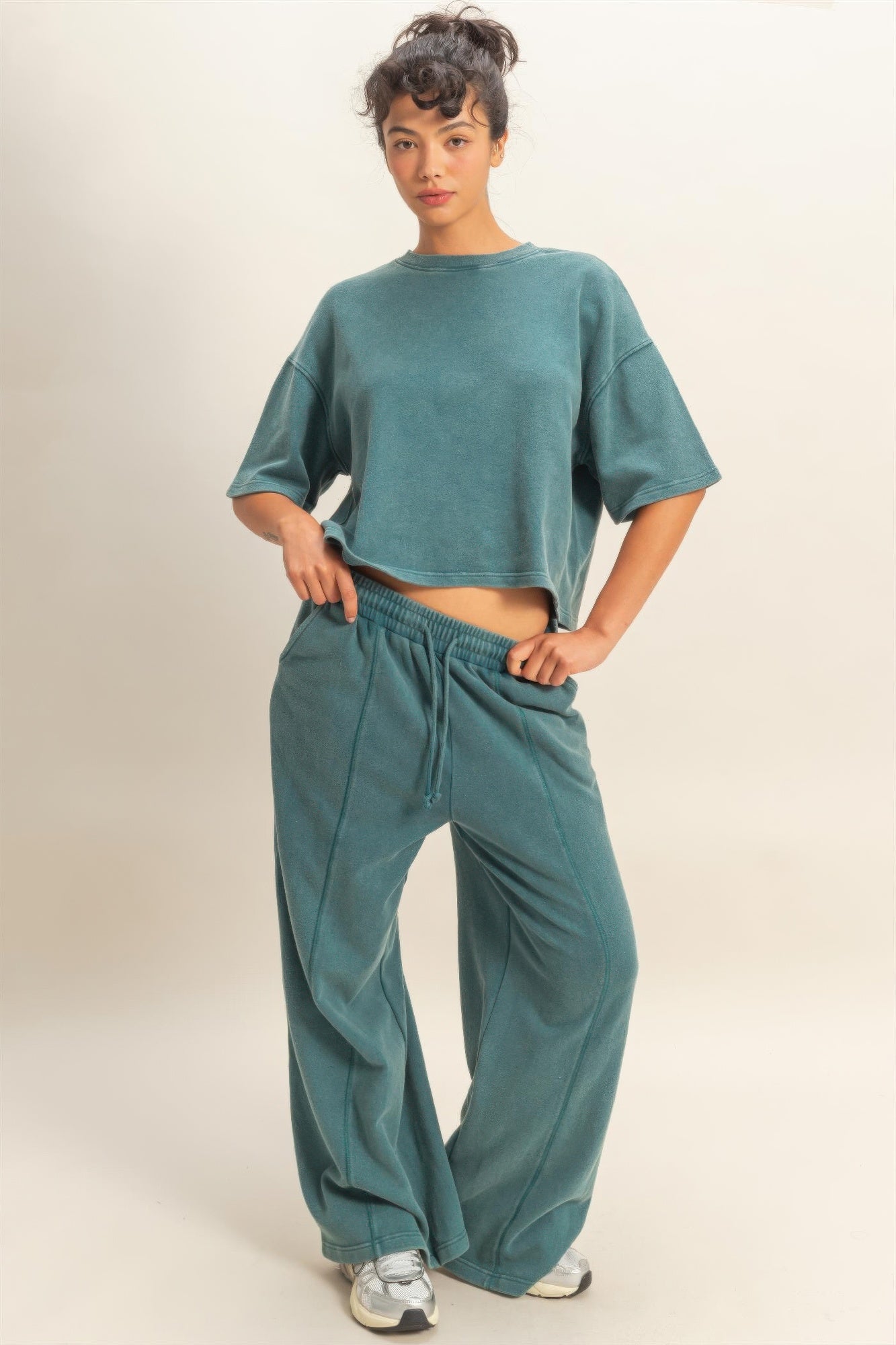 Acid Wash French Terry Wide-leg Pants  Shop One Place