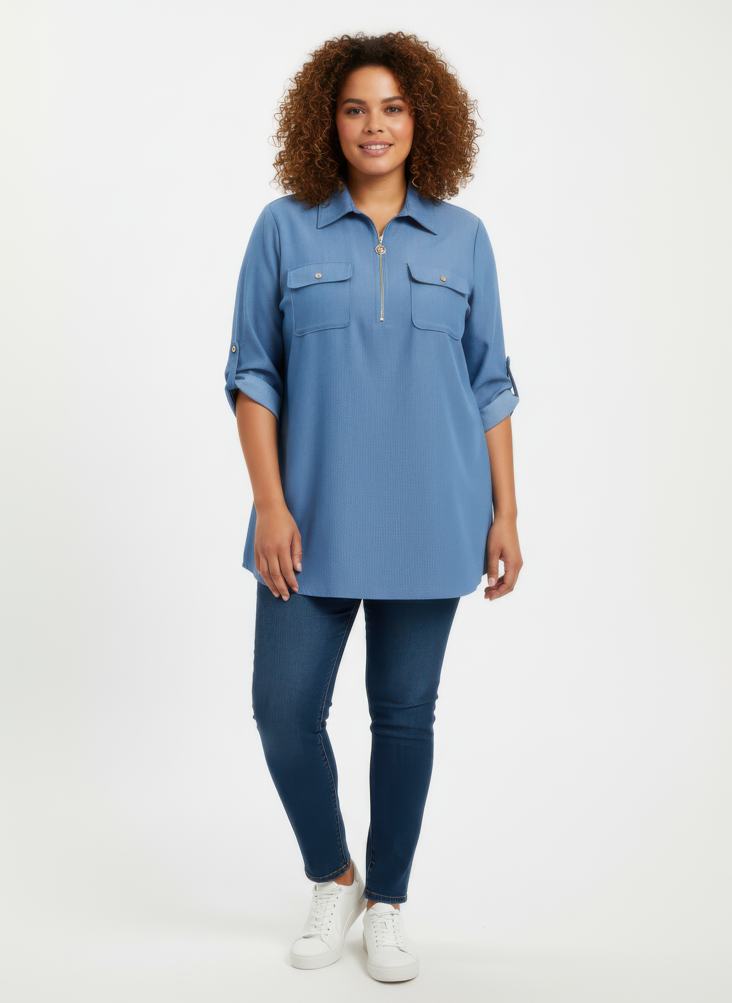 Zip Front Utility Pocket Tunic Blouse  Shop One Place