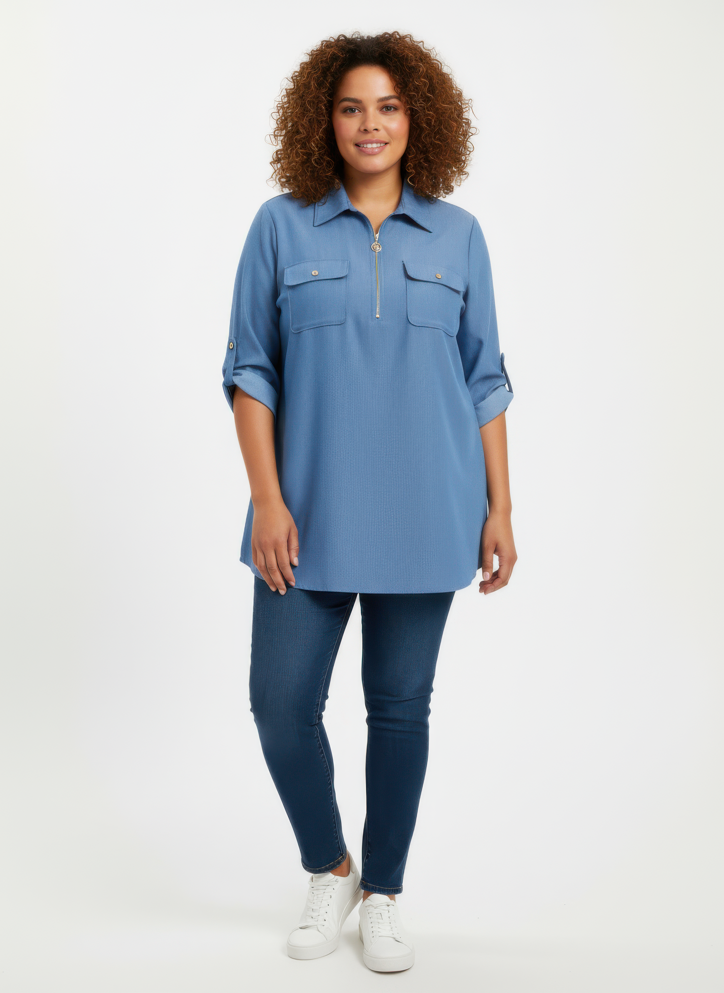 Zip Front Utility Pocket Tunic Blouse  Shop One Place