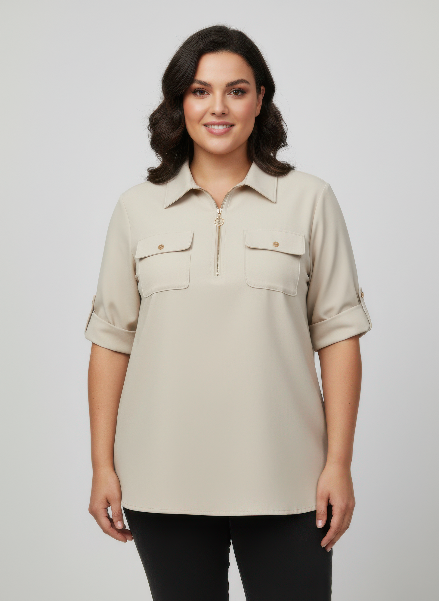 Zip Front Utility Pocket Tunic Blouse  Shop One Place