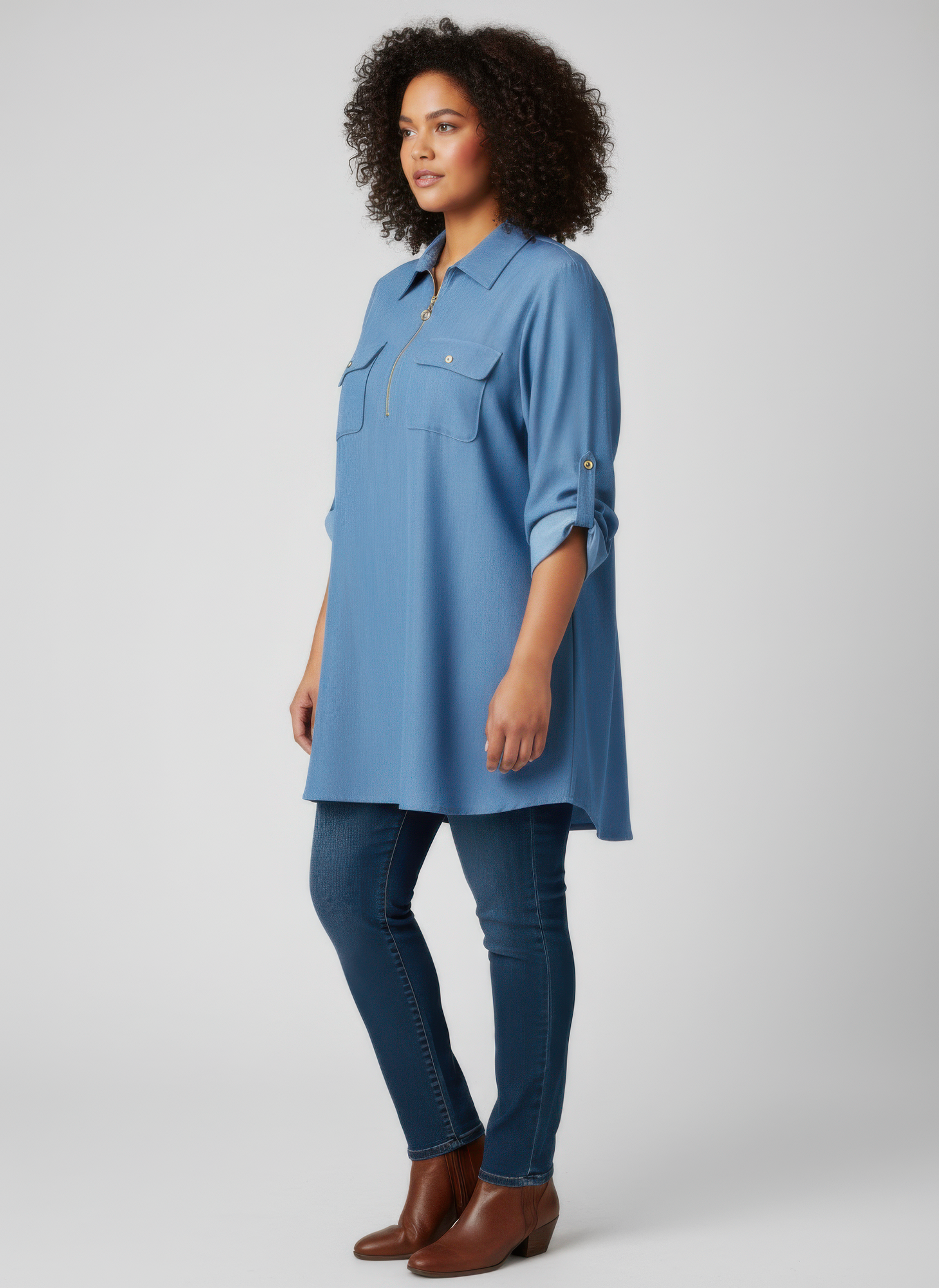Zip Front Utility Pocket Tunic Blouse  Shop One Place