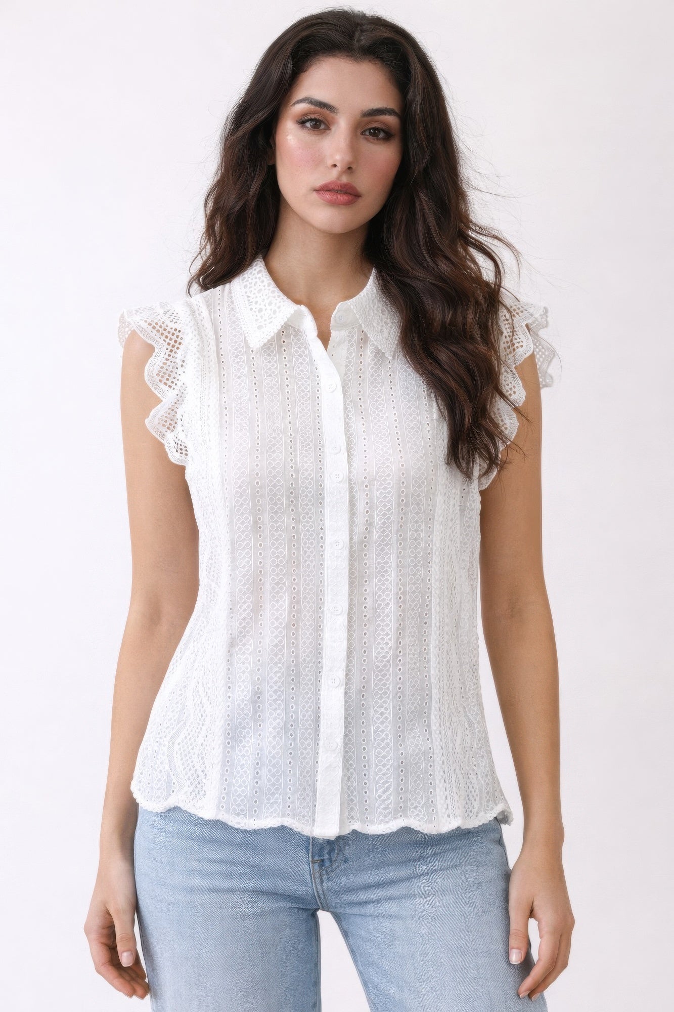 Timeless Cotton Eyelet Lace Button-front Blouse  Shop One Place