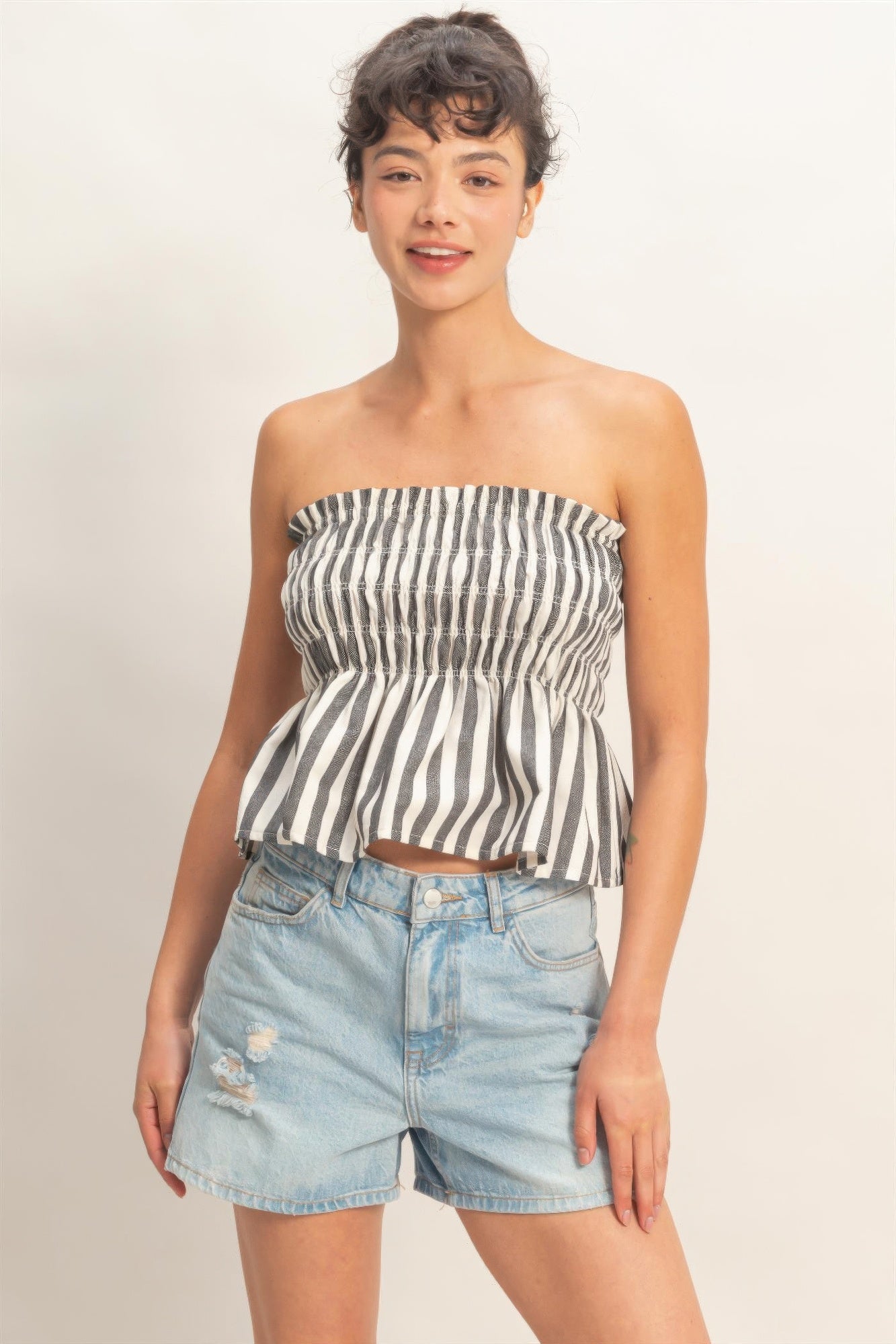 Striped Strapless Smocked Bandeau Top  Shop One Place