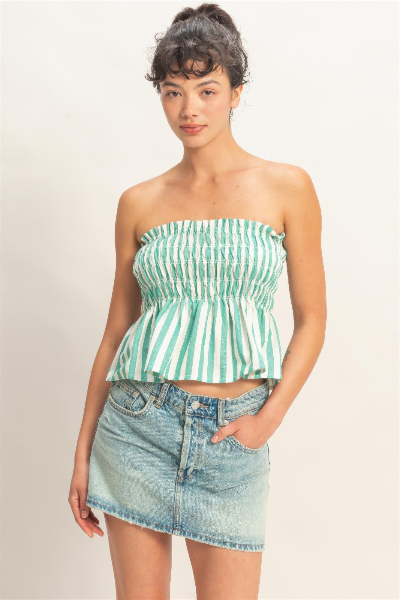Striped Strapless Smocked Bandeau Top  Shop One Place