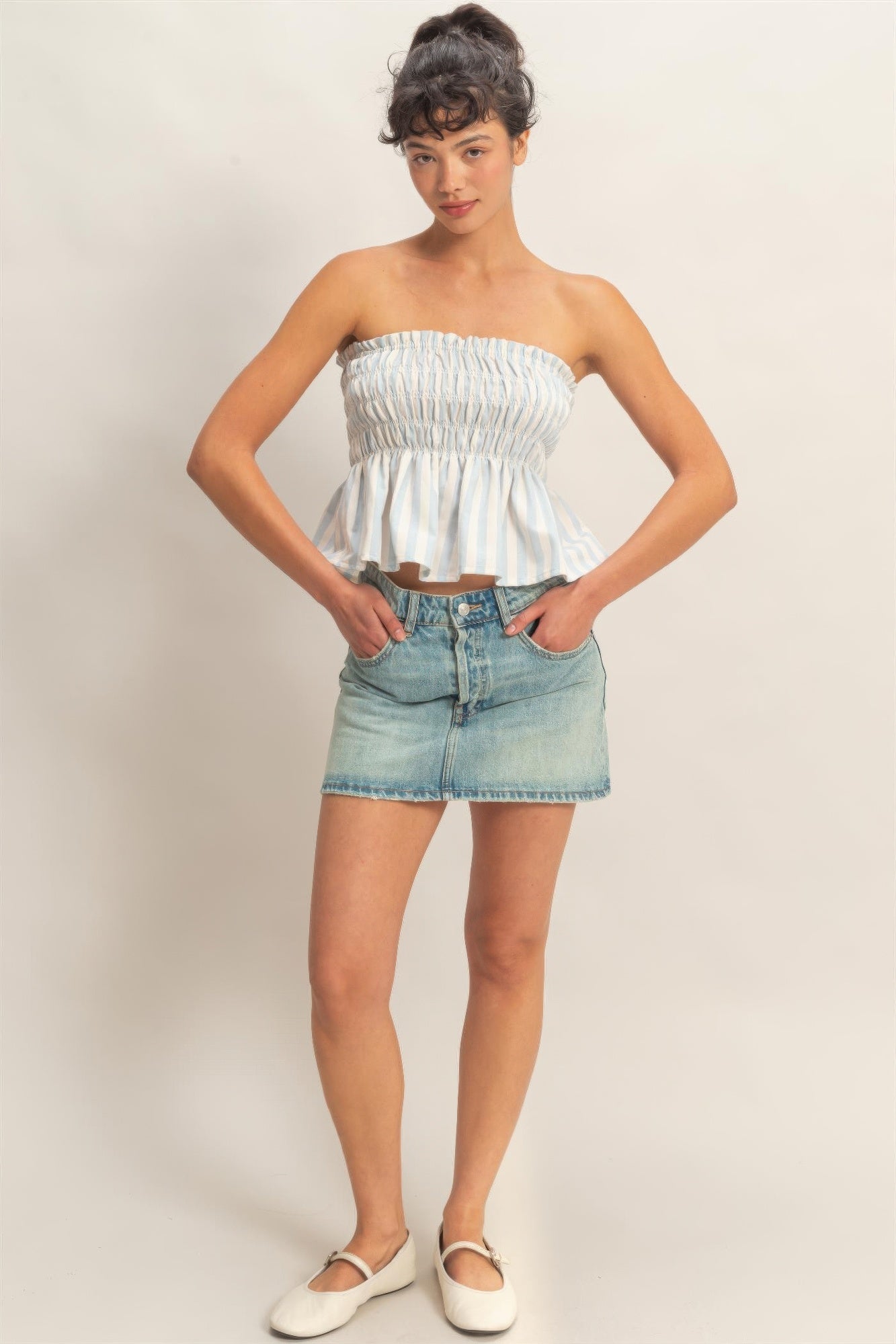 Striped Strapless Smocked Bandeau Top  Shop One Place