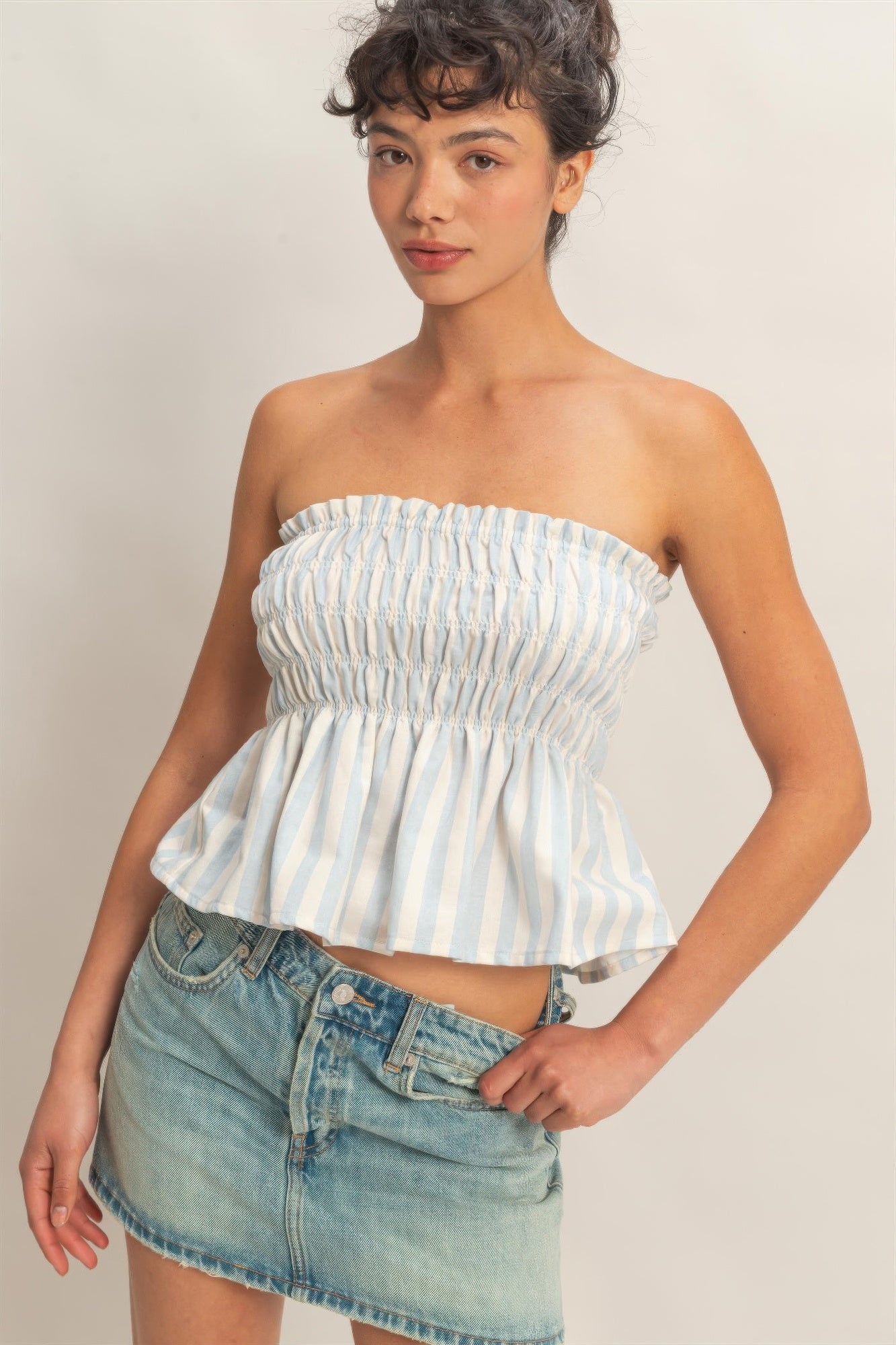 Striped Strapless Smocked Bandeau Top  Shop One Place