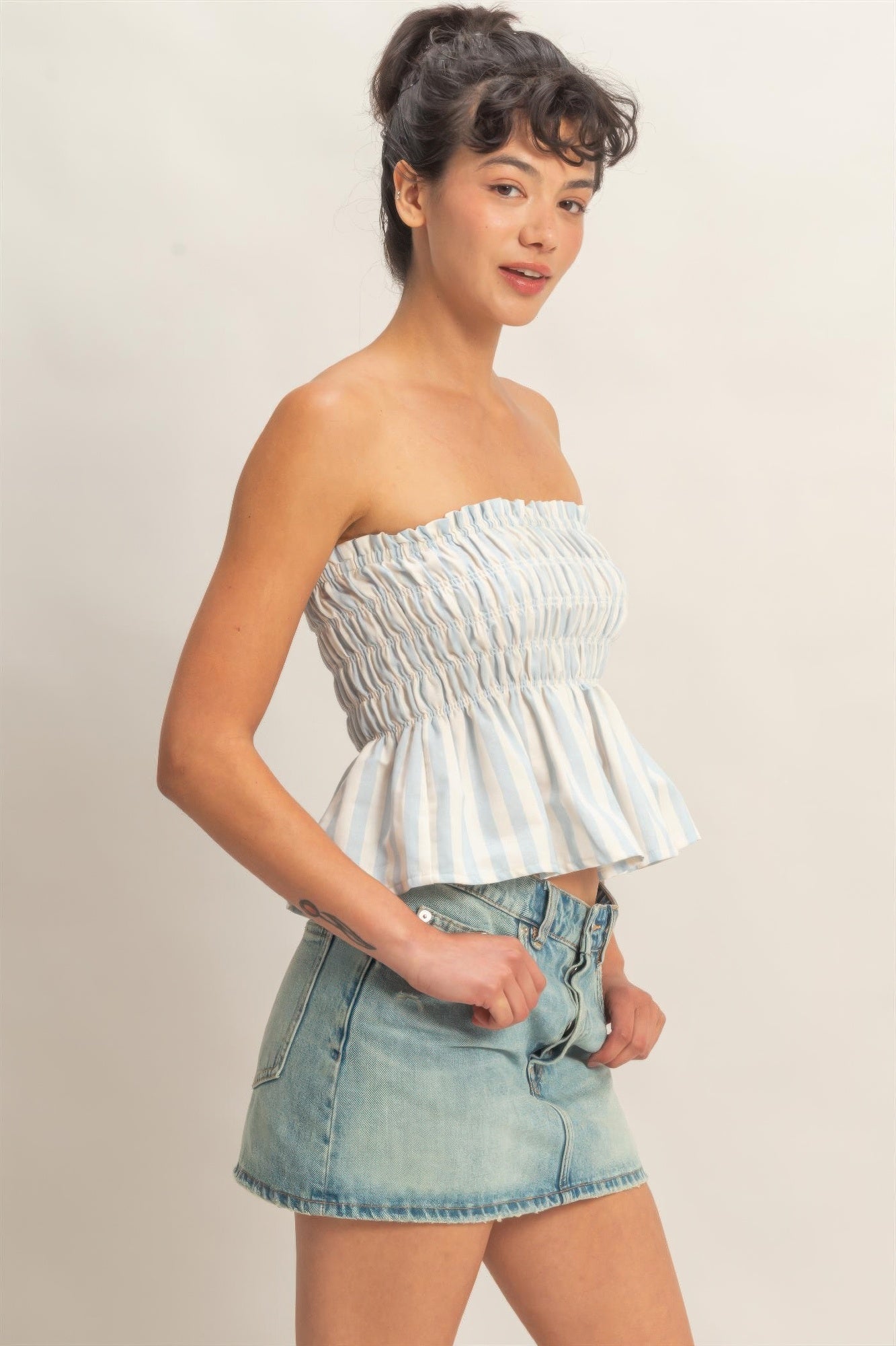 Striped Strapless Smocked Bandeau Top  Shop One Place
