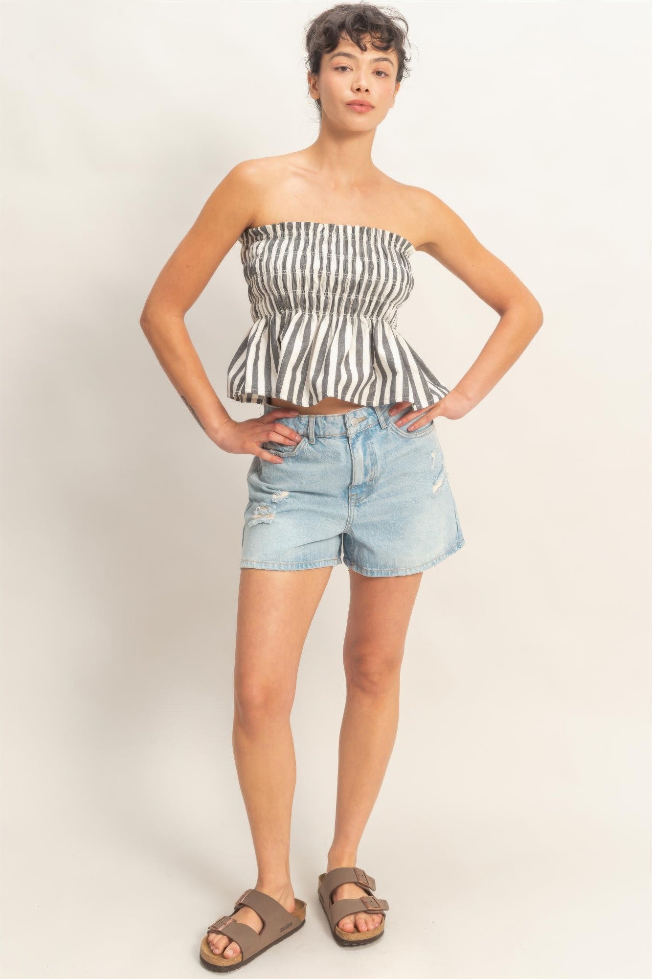 Striped Strapless Smocked Bandeau Top  Shop One Place