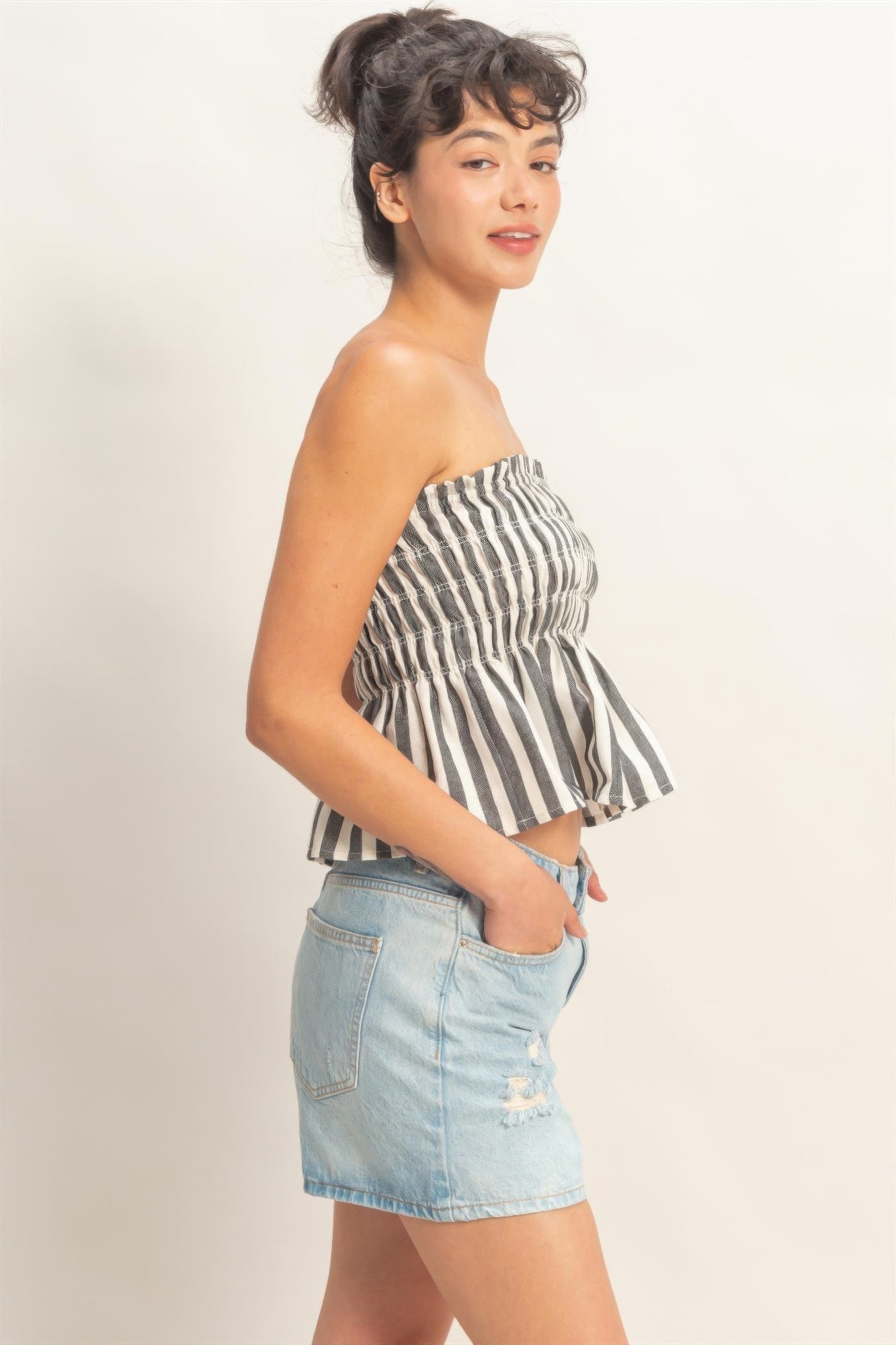 Striped Strapless Smocked Bandeau Top  Shop One Place