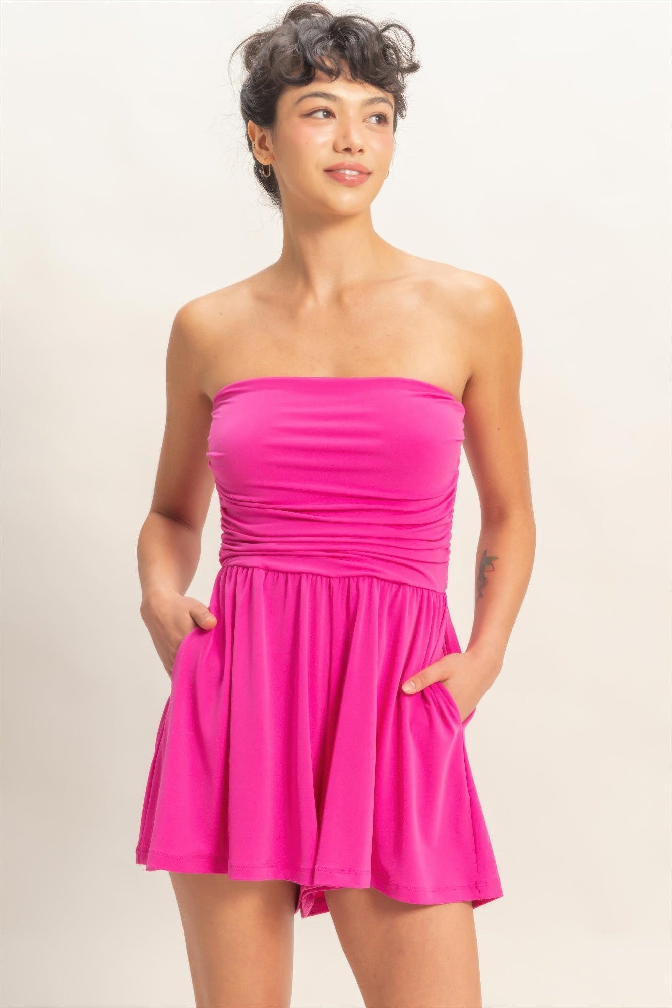 Strapless Shirred Waist Romper  Shop One Place