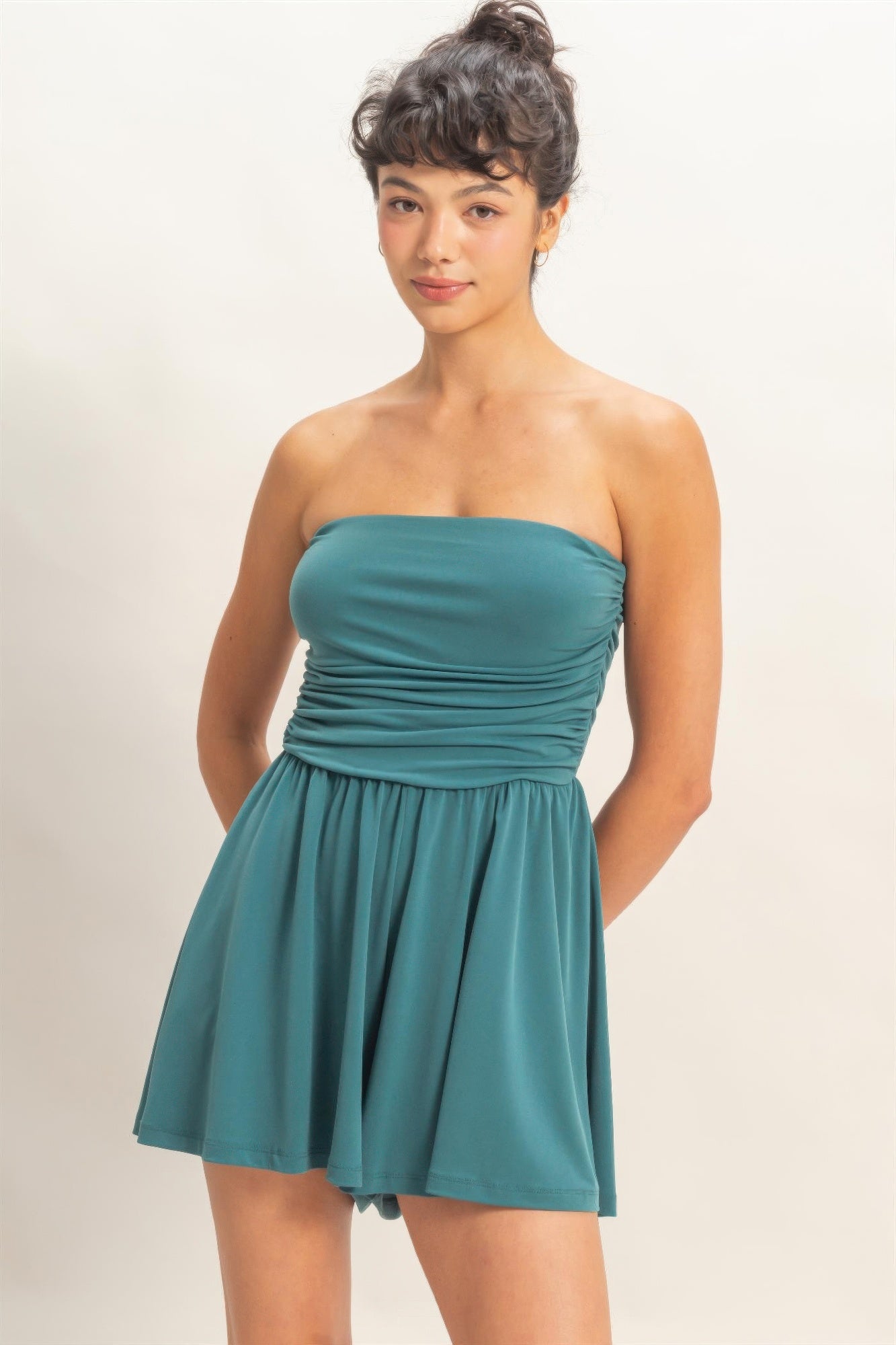 Strapless Shirred Waist Romper  Shop One Place