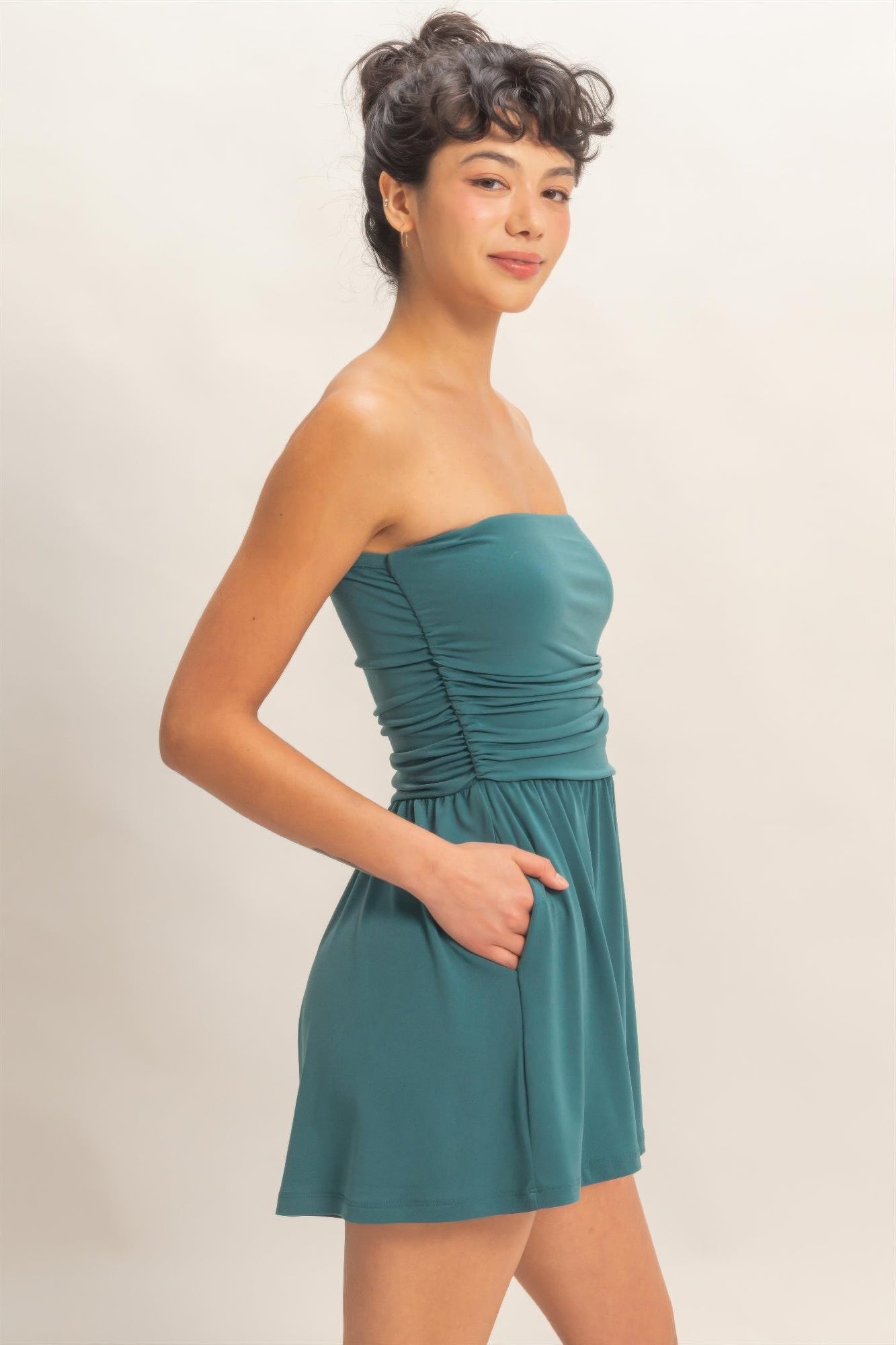 Strapless Shirred Waist Romper  Shop One Place