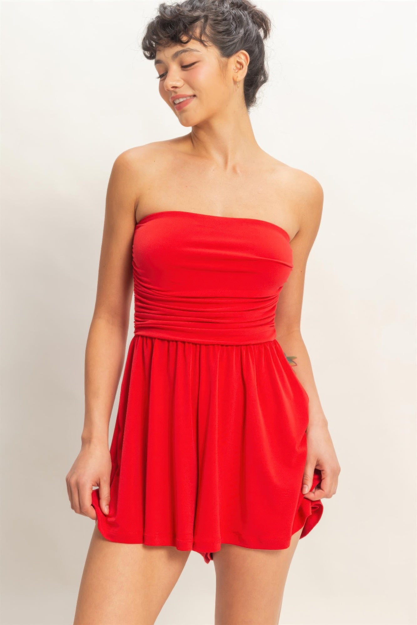 Strapless Shirred Waist Romper  Shop One Place
